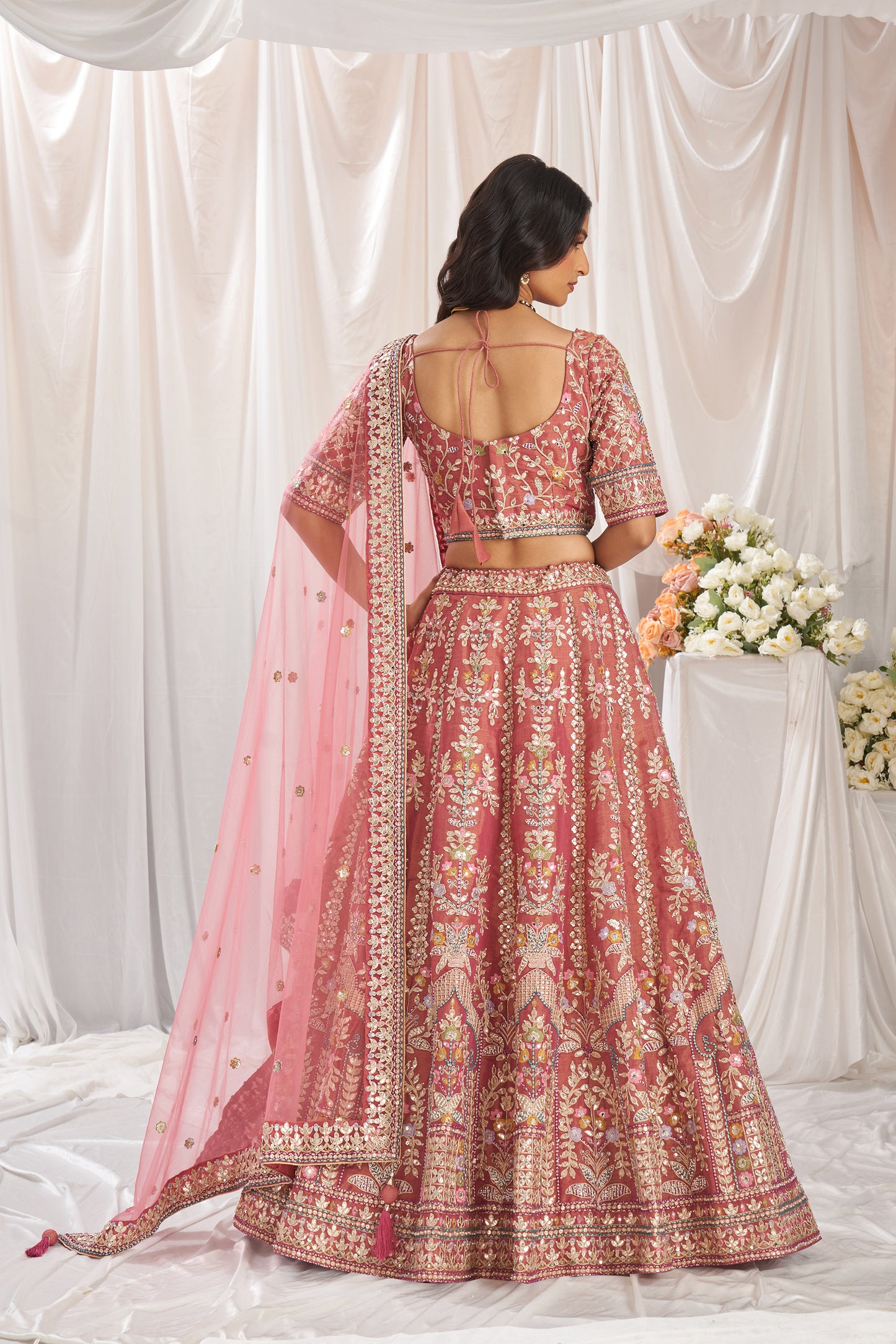 Rose gold Bridel net and Gotapatti & Moti embroidery Engagement Lehenga Choli