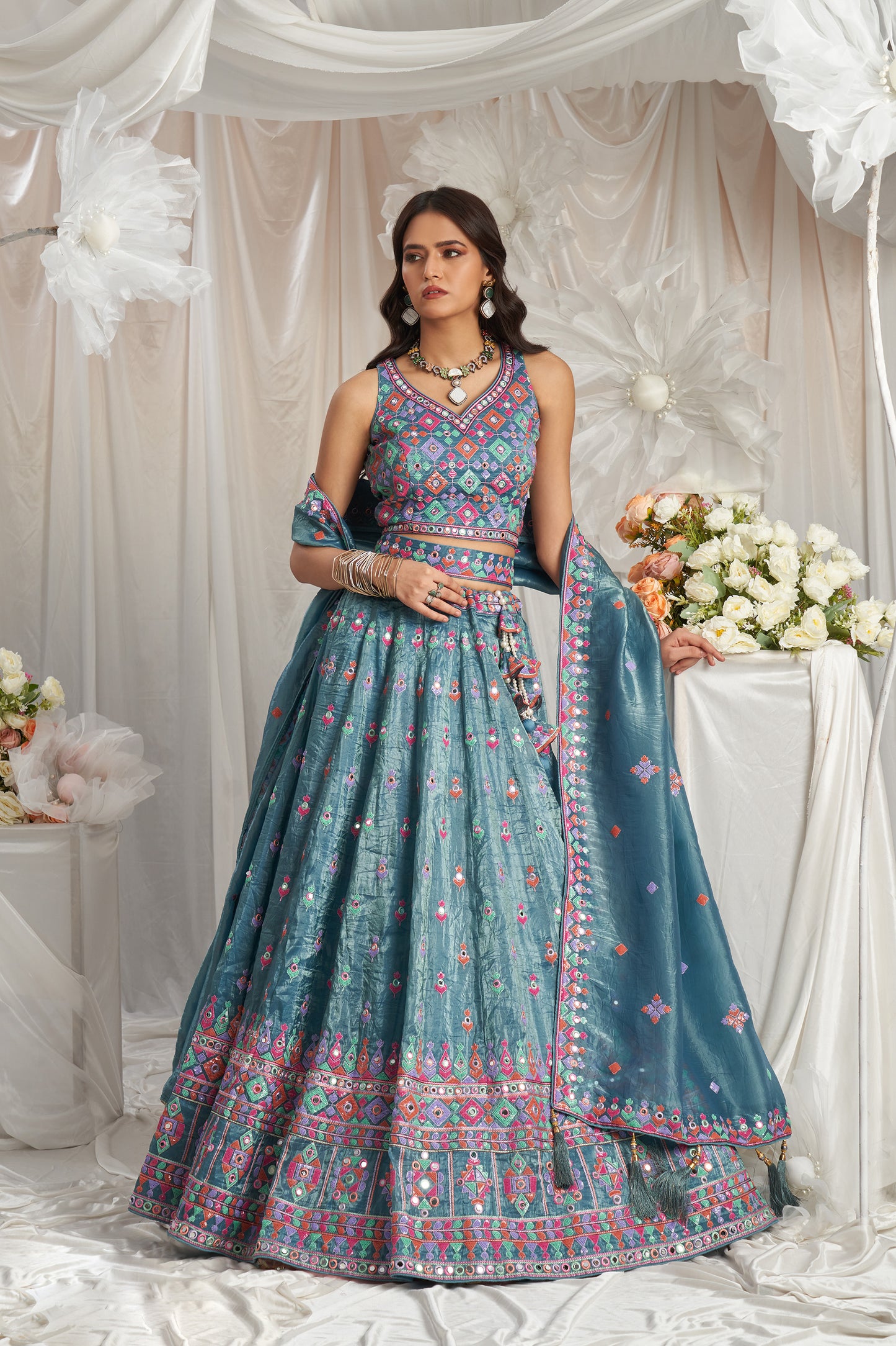 Teal Organza Sequins and Mirror embroidery Designer Lehenga choli & Dupatta