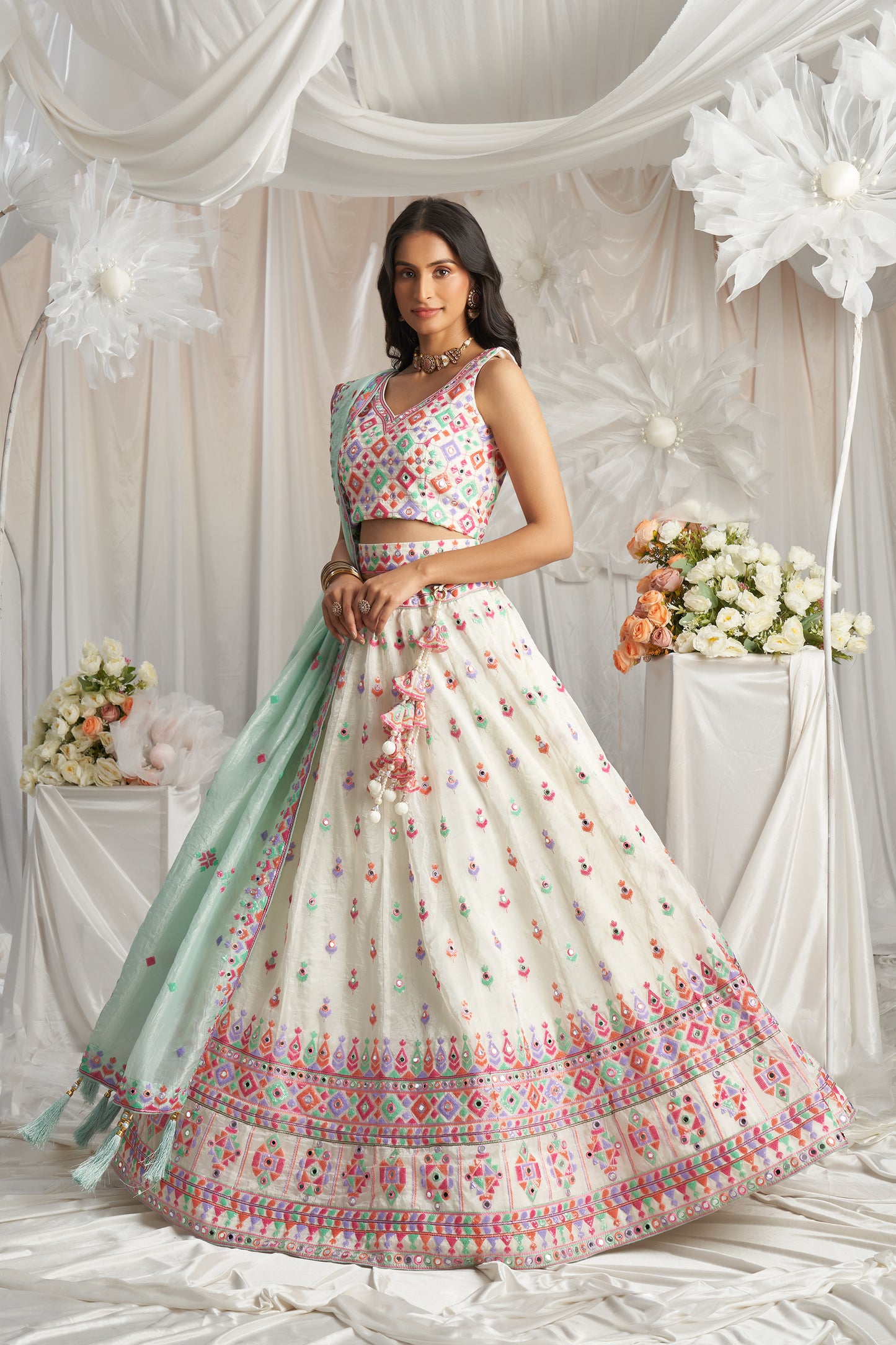 Cream Organza Sequins and Mirror embroidery Designer Lehenga choli & Dupatta