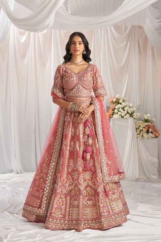 Rose gold Bridel net and Gotapatti & Moti embroidery Engagement Lehenga Choli