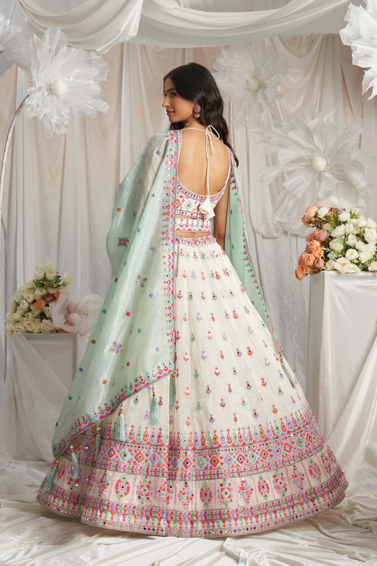 Cream Organza Sequins and Mirror embroidery Designer Lehenga choli & Dupatta