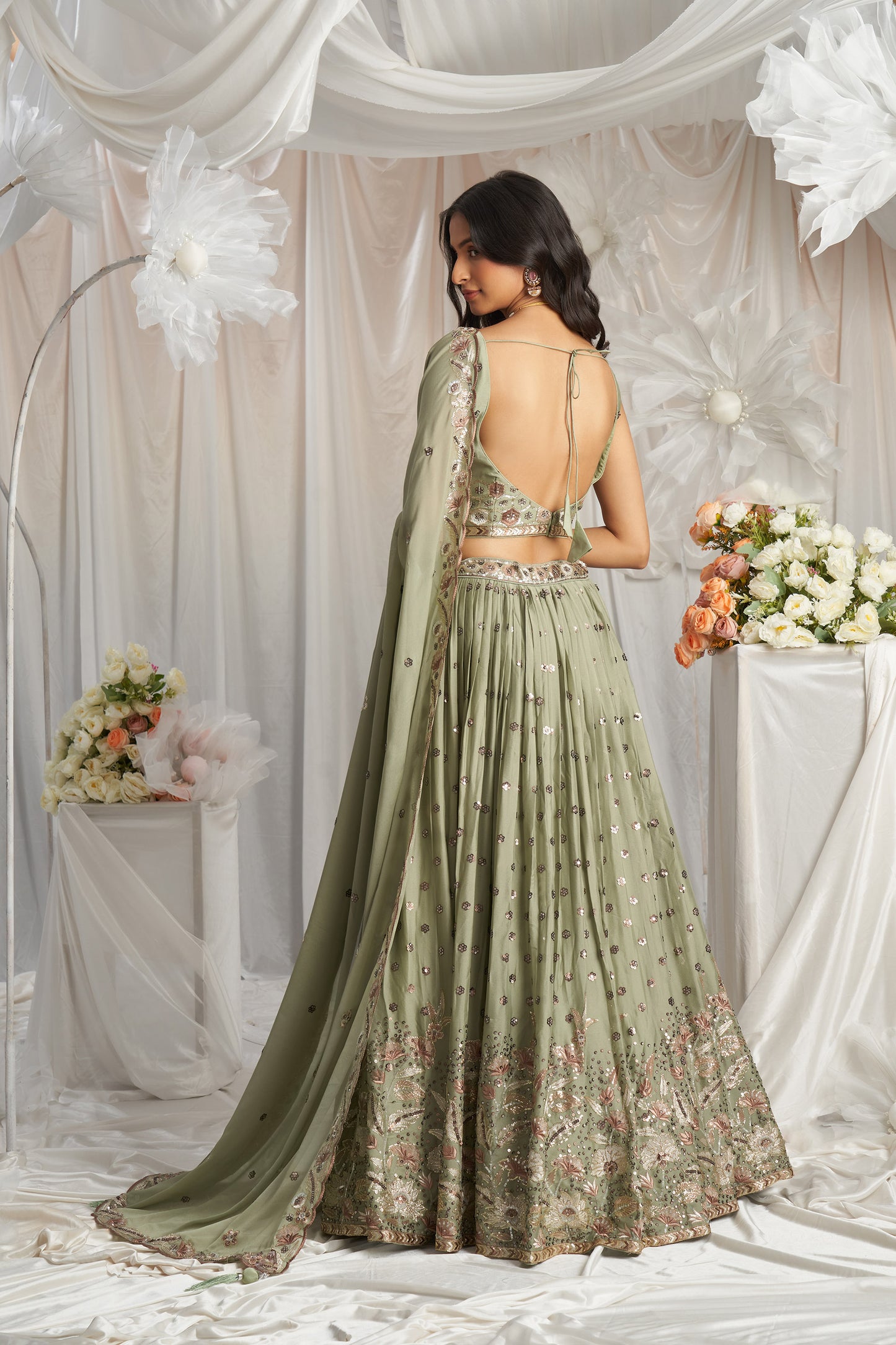 Lime Green Georgette Sequin embroidery Engagement Lehenga Choli