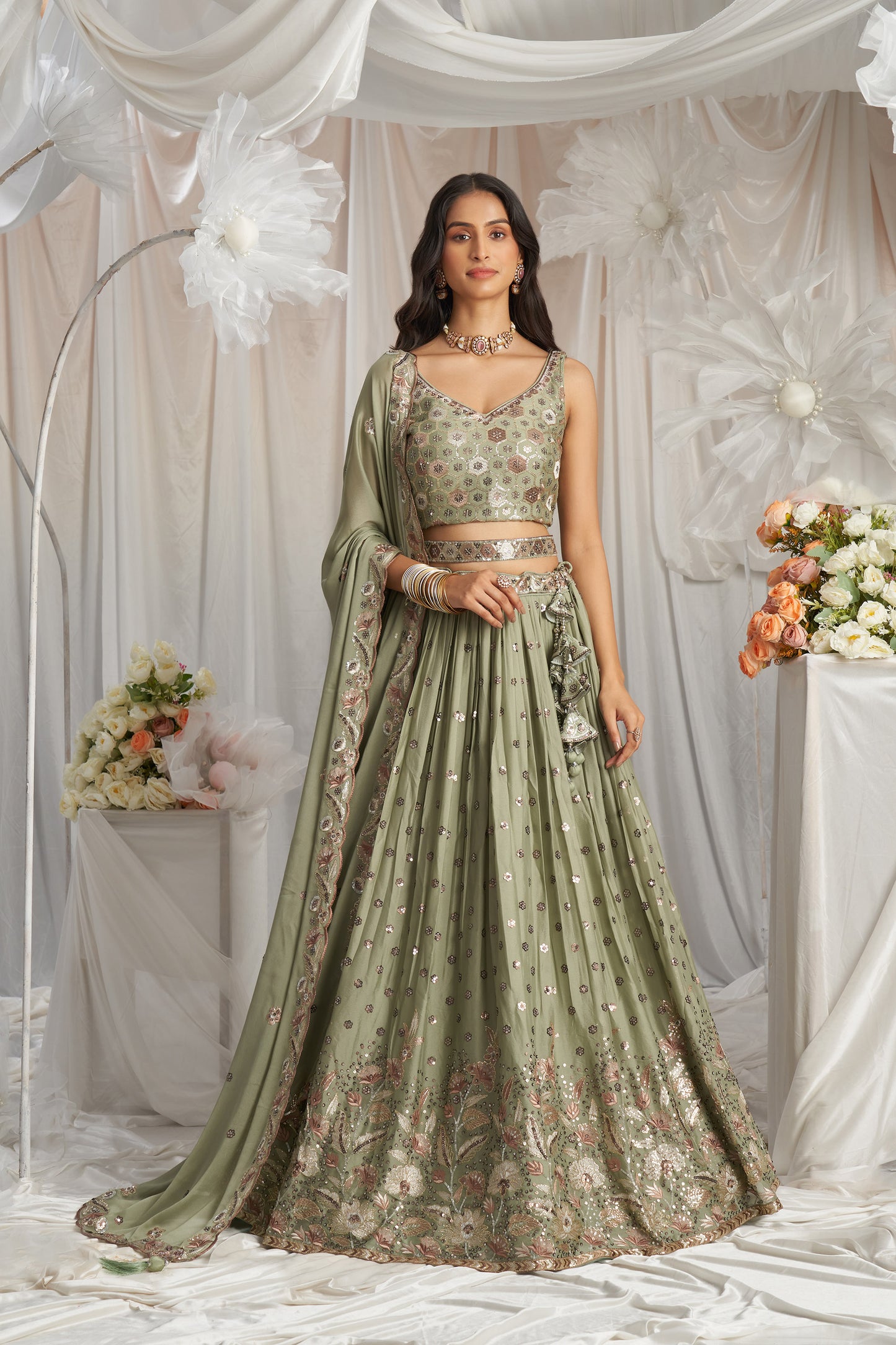 Lime Green Georgette Sequin embroidery Engagement Lehenga Choli