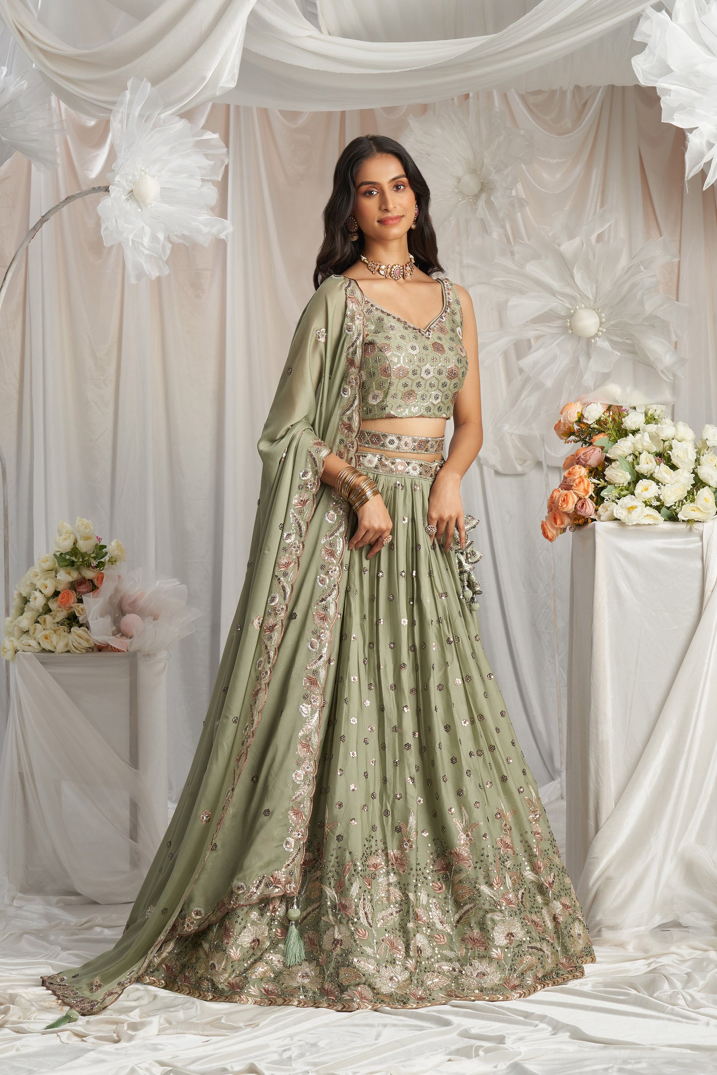 Lime Green Georgette Sequin embroidery Engagement Lehenga Choli