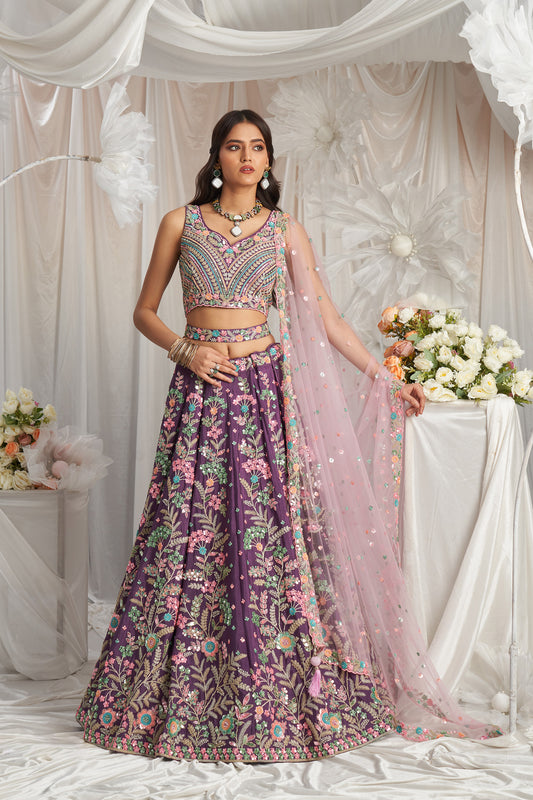 Purple Georgette Sequins embroidery Engagement Lehenga Choli