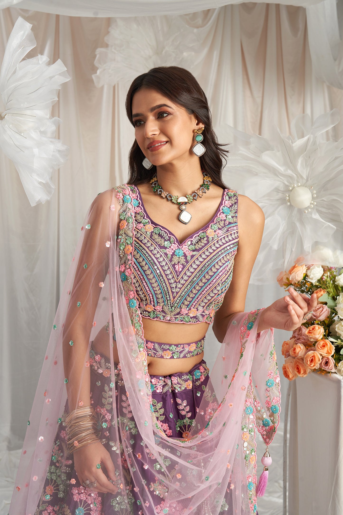 Purple Georgette Sequins embroidery Engagement Lehenga Choli