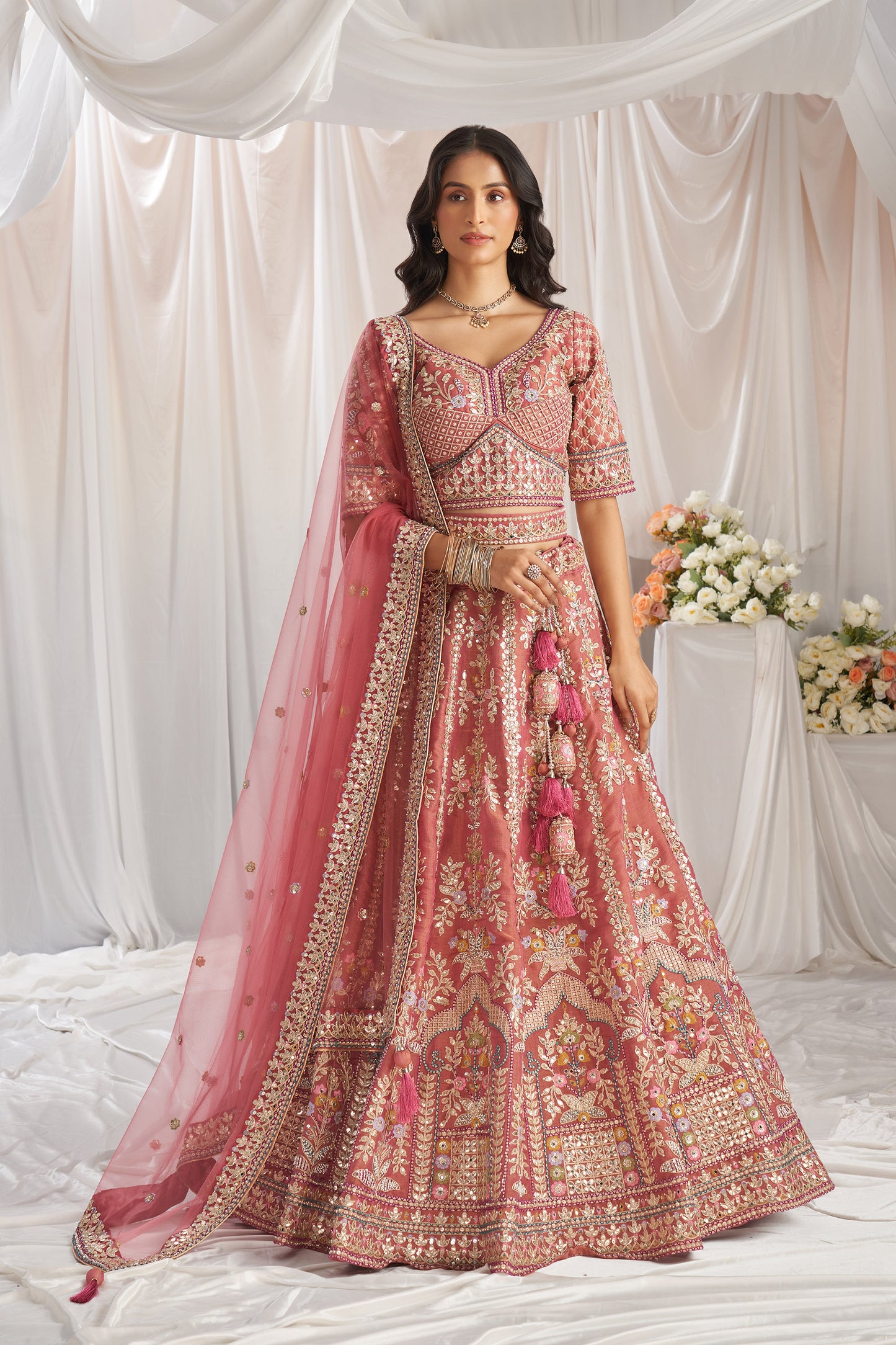 Rose gold Bridel net and Gotapatti & Moti embroidery Engagement Lehenga Choli