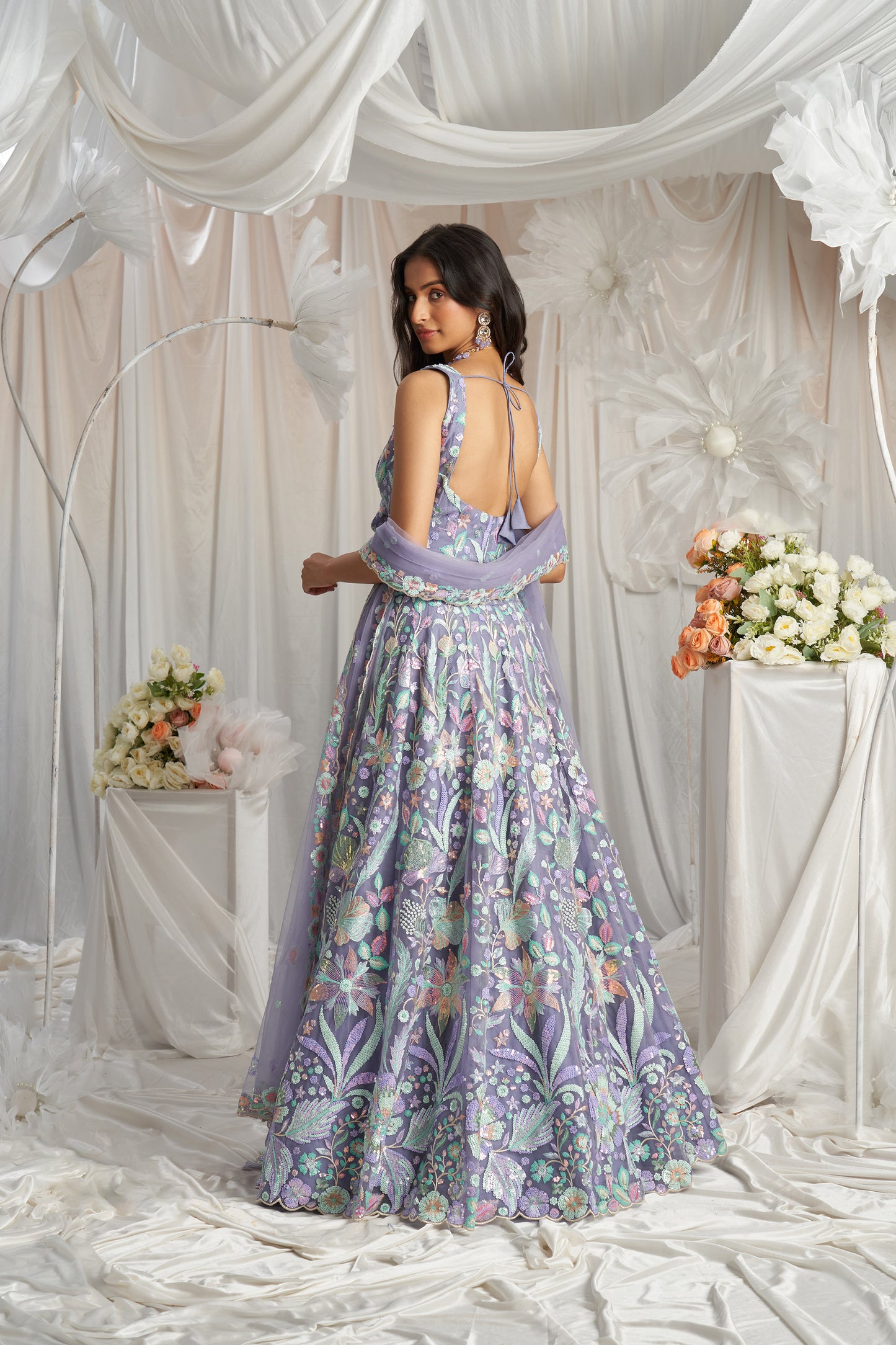 Mauve Net Sequins embroidery Engagement Lehenga Choli