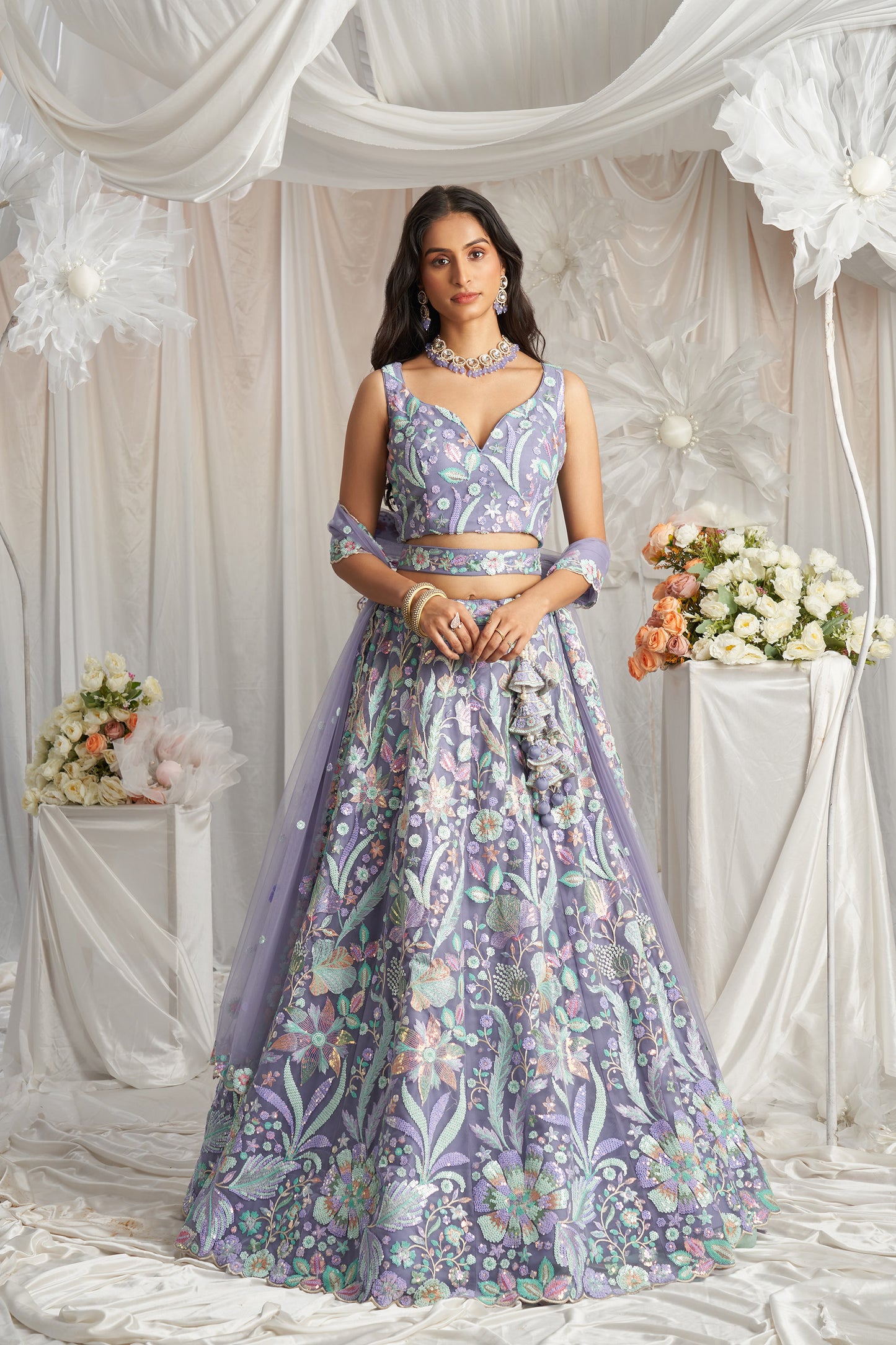 Mauve Net Sequins embroidery Engagement Lehenga Choli