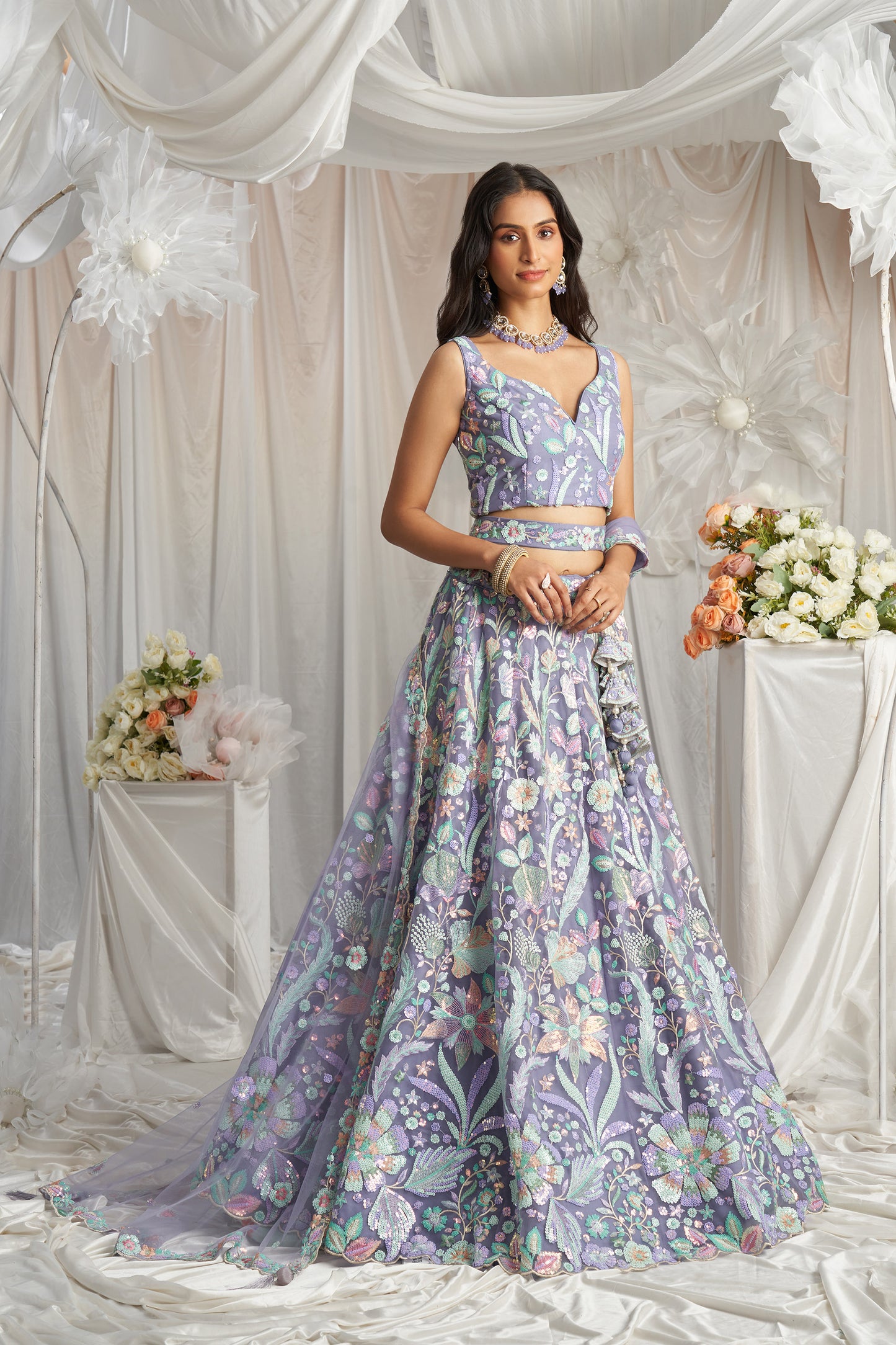 Mauve Net Sequins embroidery Engagement Lehenga Choli