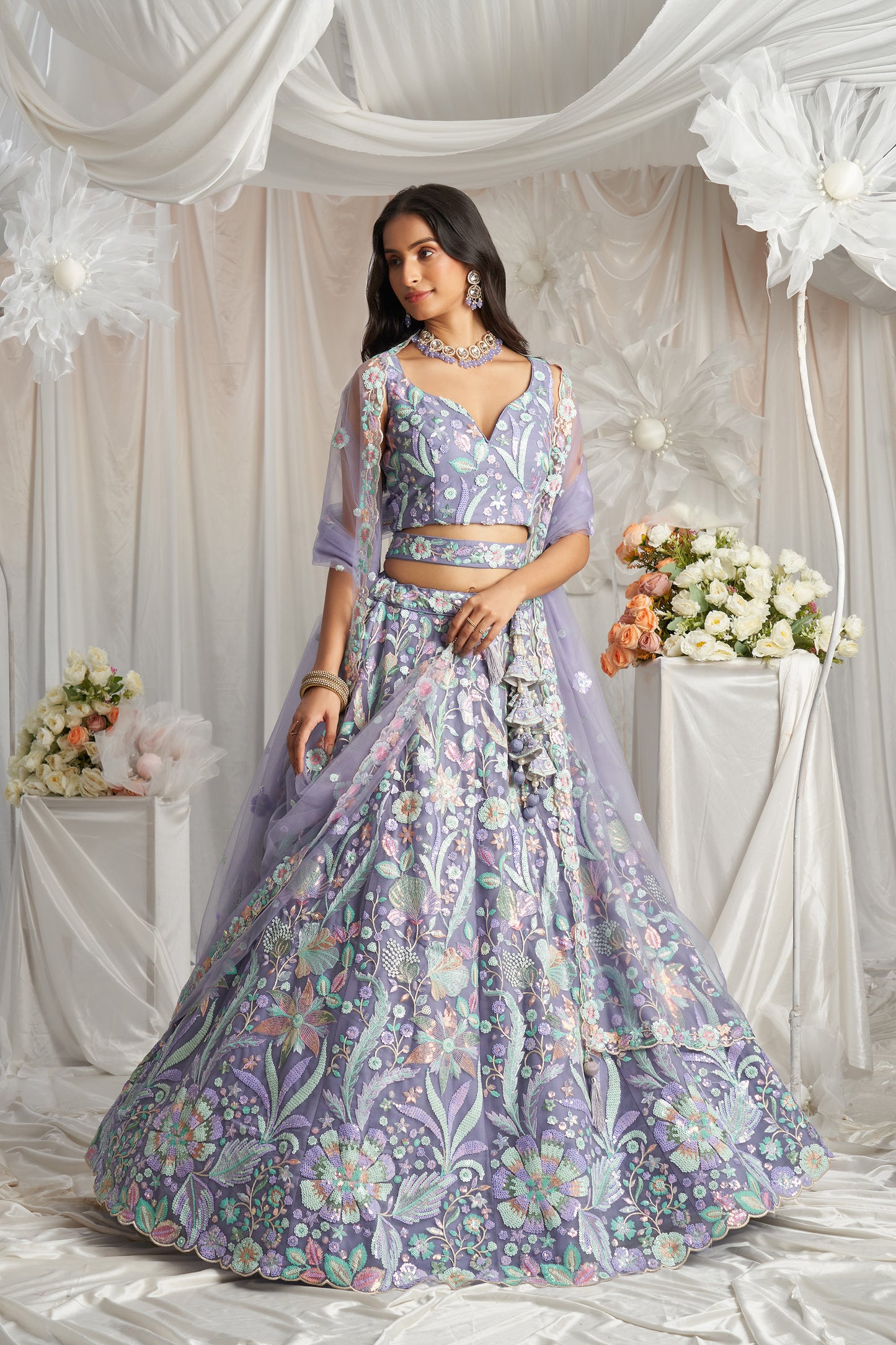 Mauve Net Sequins embroidery Engagement Lehenga Choli