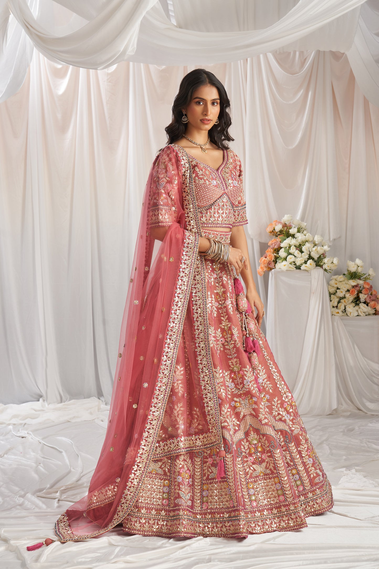 Rose gold Bridel net and Gotapatti & Moti embroidery Engagement Lehenga Choli