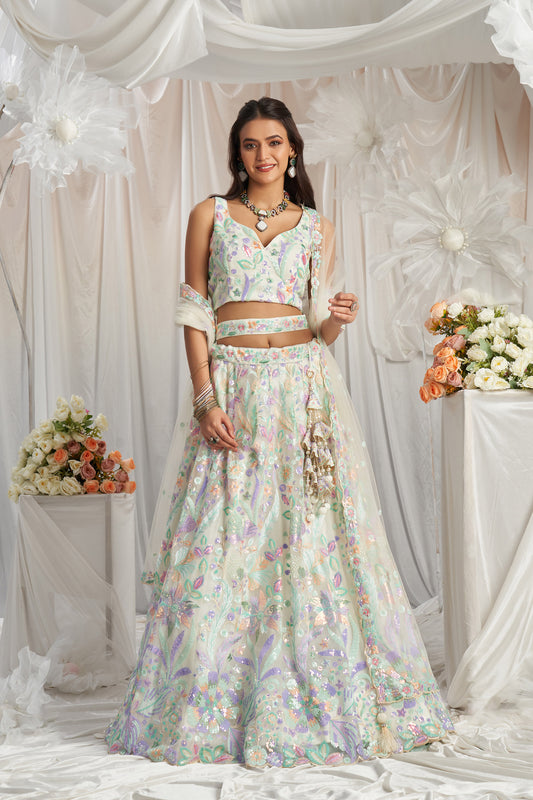 Cream Net Sequins embroidery Engagement Lehenga Choli