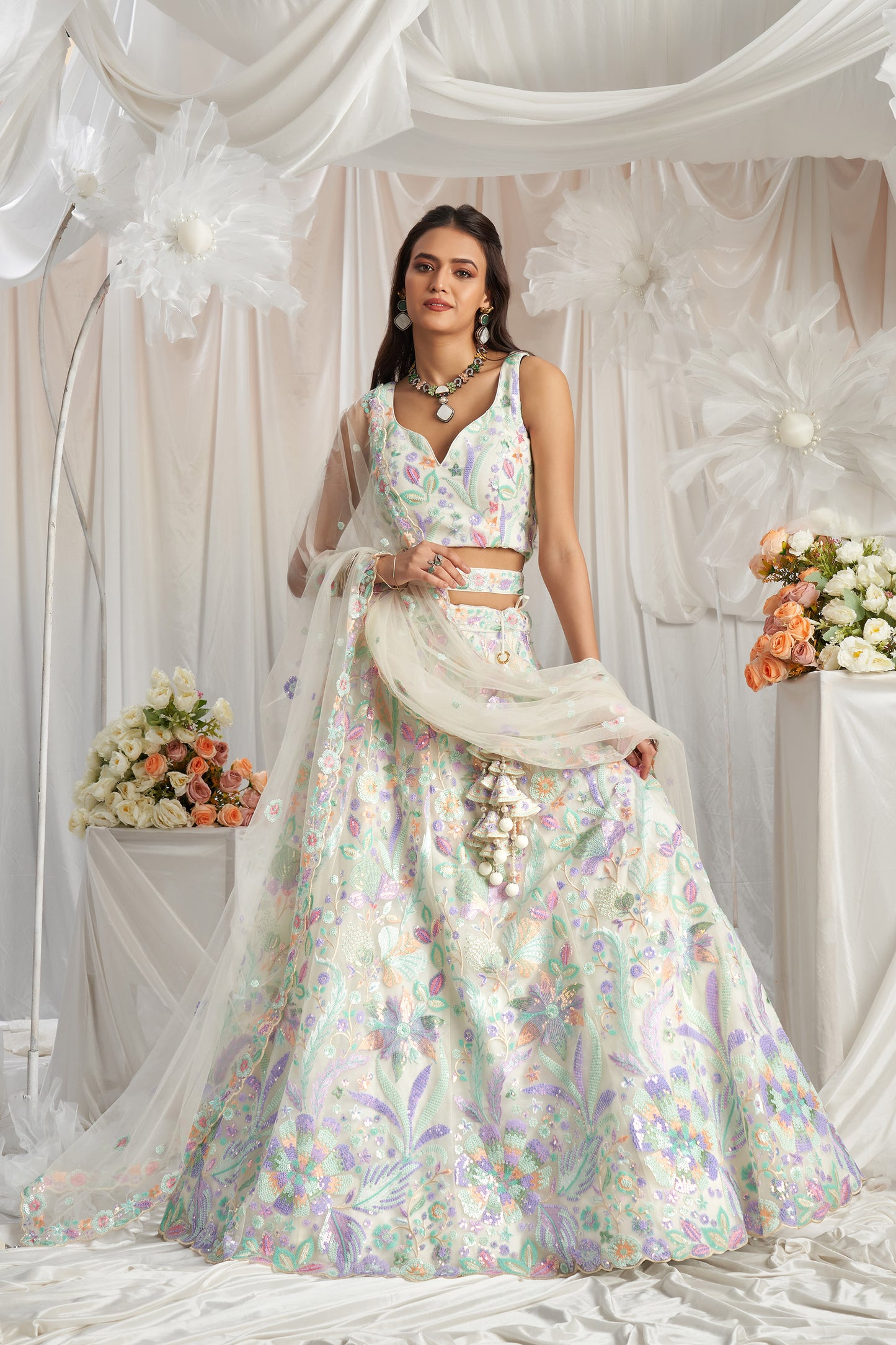 Cream Net Sequins embroidery Engagement Lehenga Choli