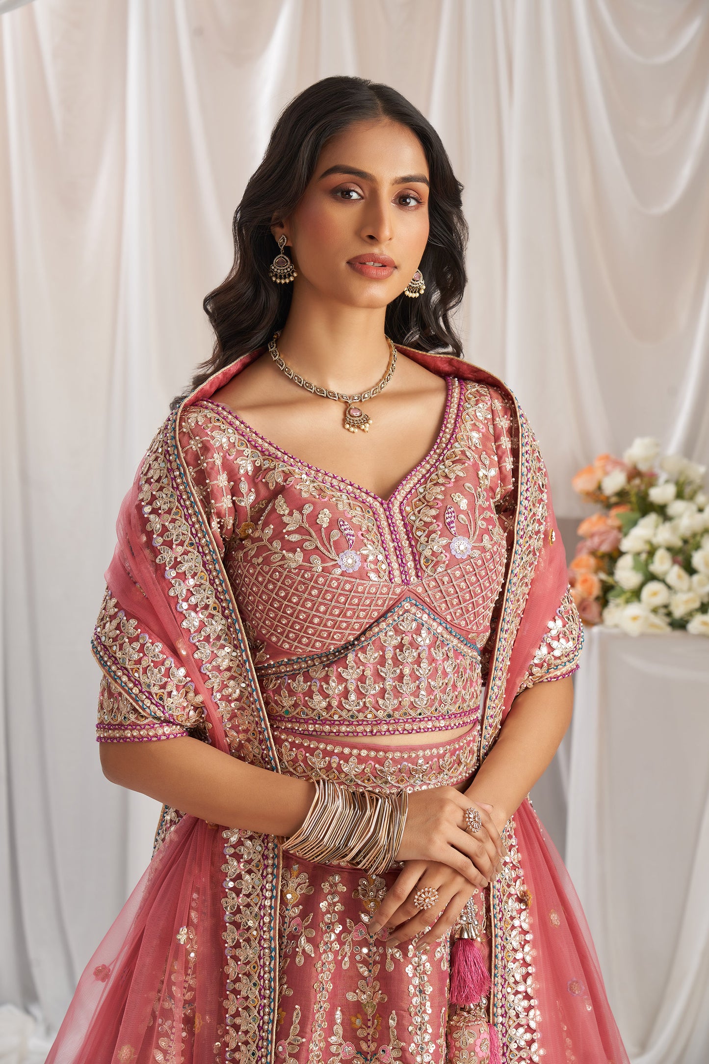 Rose gold Bridel net and Gotapatti & Moti embroidery Engagement Lehenga Choli