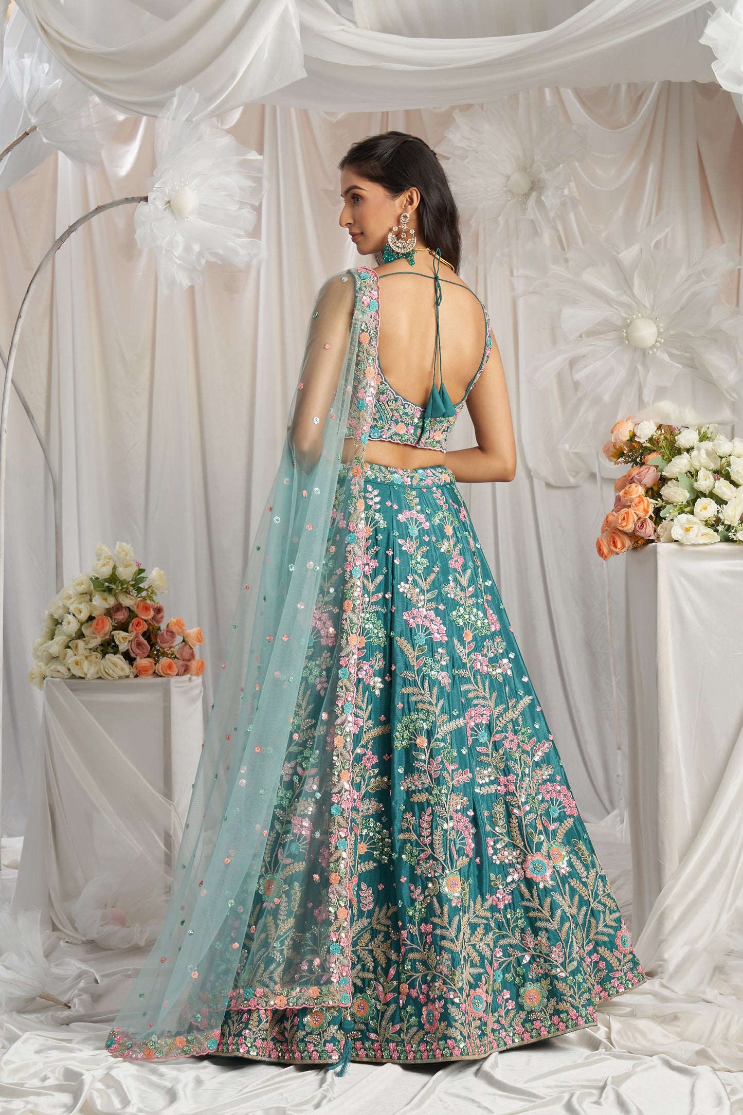 Teal Georgette Sequins embroidery Engagement Lehenga Choli