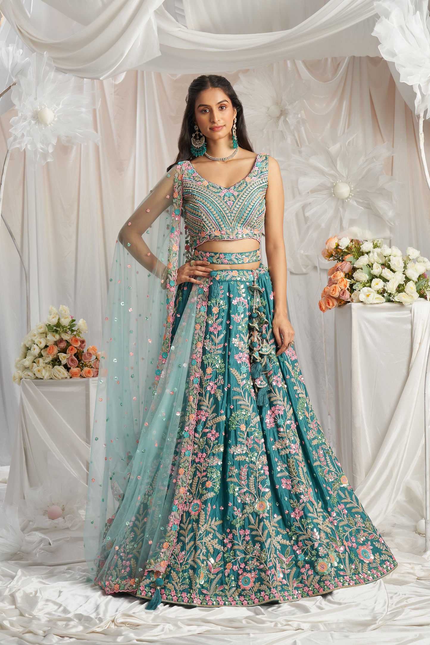 Teal Georgette Sequins embroidery Engagement Lehenga Choli