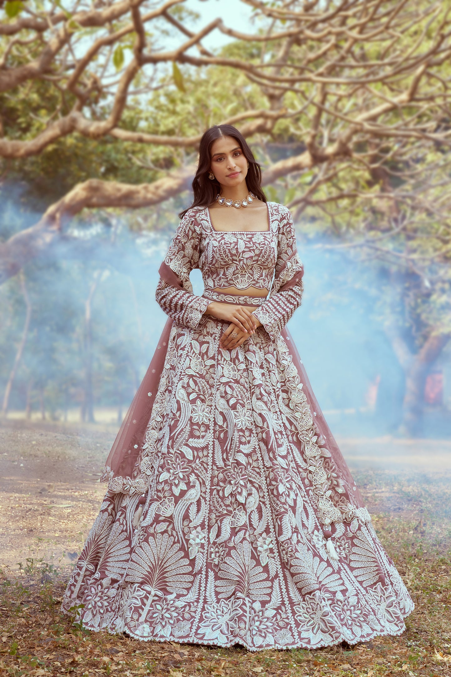 Rose Gold Pure Satin Sequins embroidery Bridal Lehenga