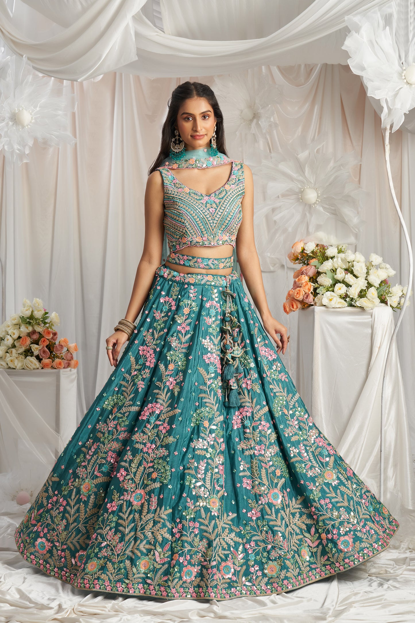 Teal Georgette Sequins embroidery Engagement Lehenga Choli