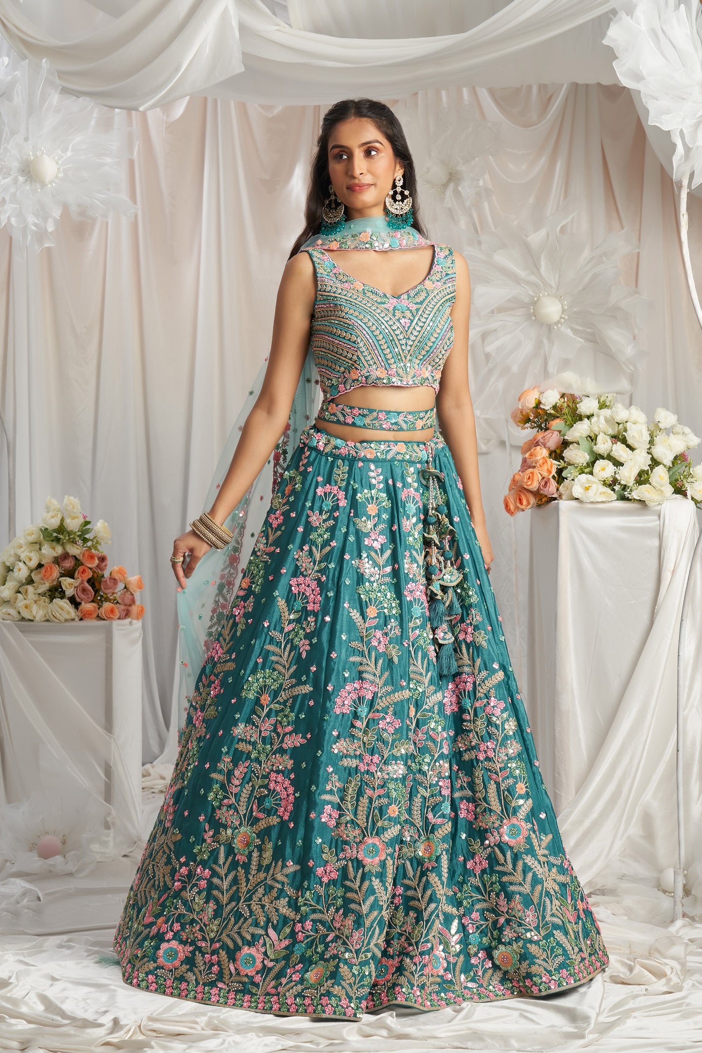 Teal Georgette Sequins embroidery Engagement Lehenga Choli