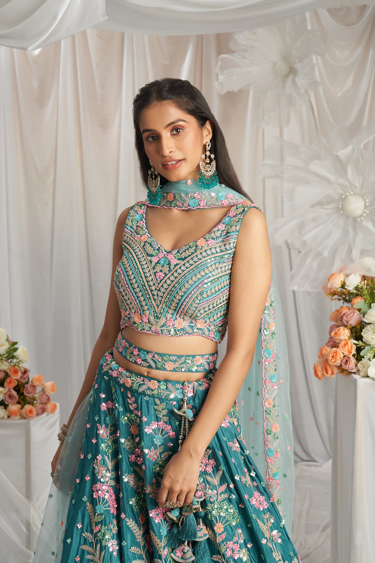 Teal Georgette Sequins embroidery Engagement Lehenga Choli