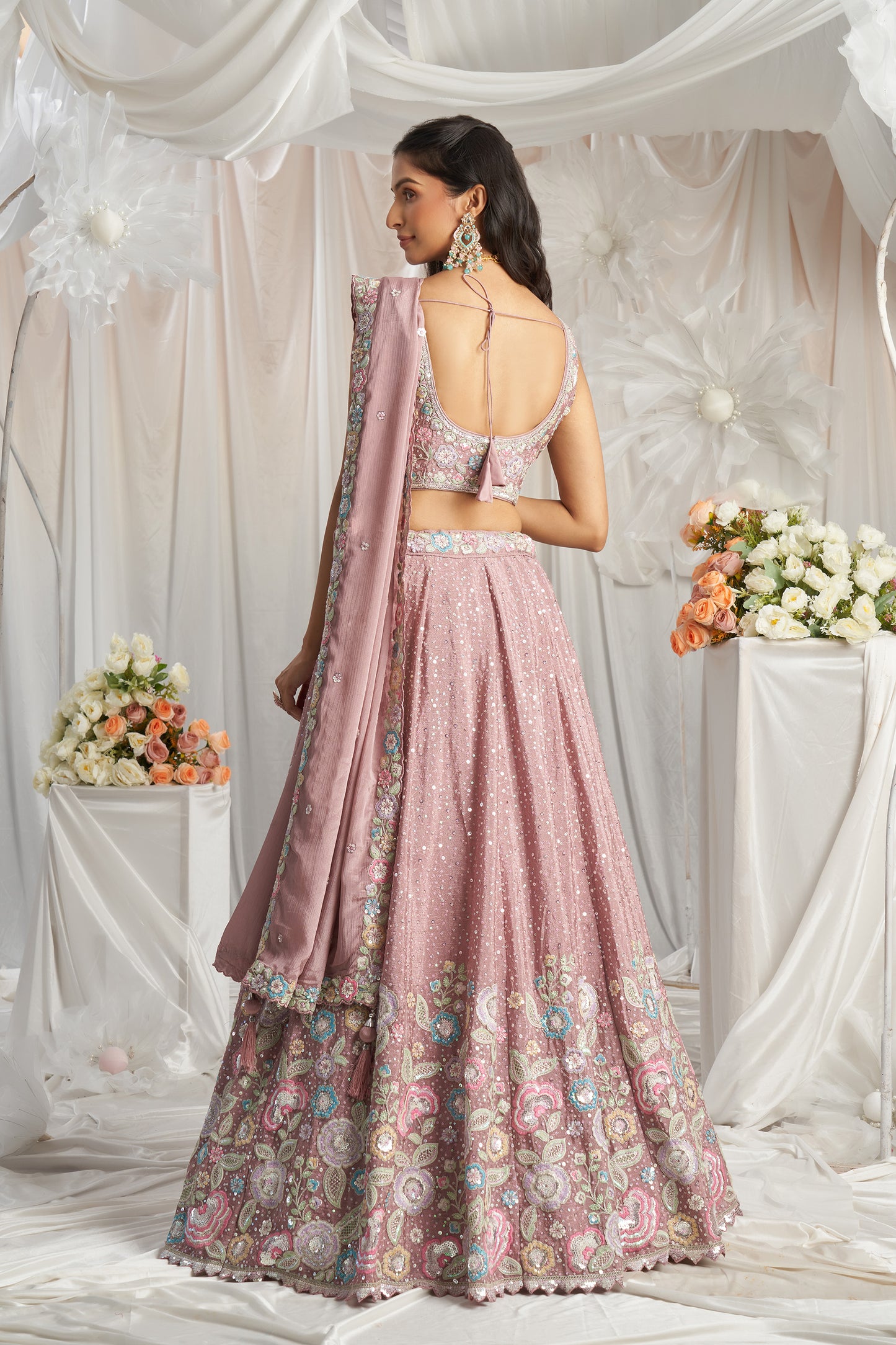 Rose gold Pure Chiffon Sequins and thread embroidery Designer Lehenga choli & Dupatta