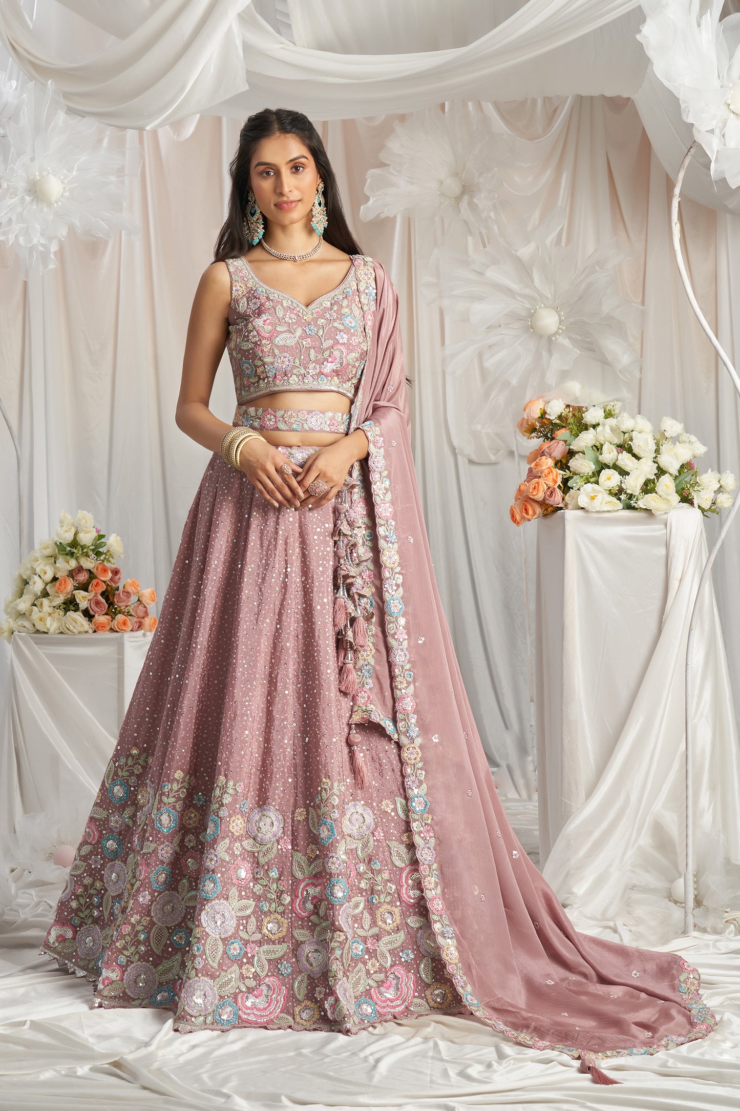 Rose gold Pure Chiffon Sequins and thread embroidery Designer Lehenga choli & Dupatta