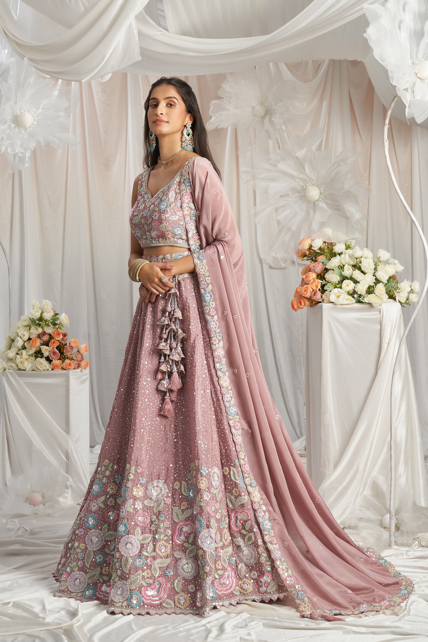 Rose gold Pure Chiffon Sequins and thread embroidery Designer Lehenga choli & Dupatta