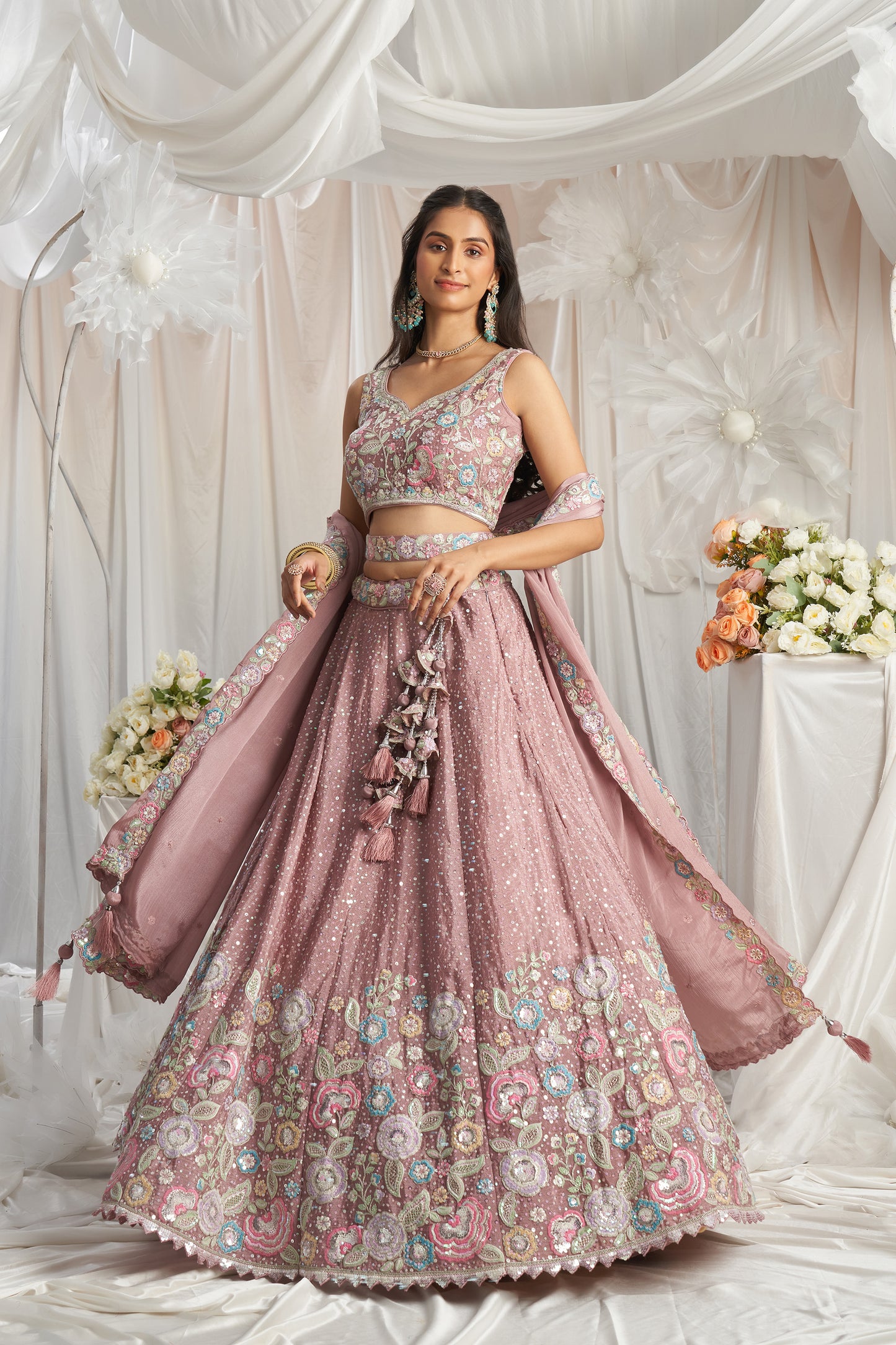 Rose gold Pure Chiffon Sequins and thread embroidery Designer Lehenga choli & Dupatta