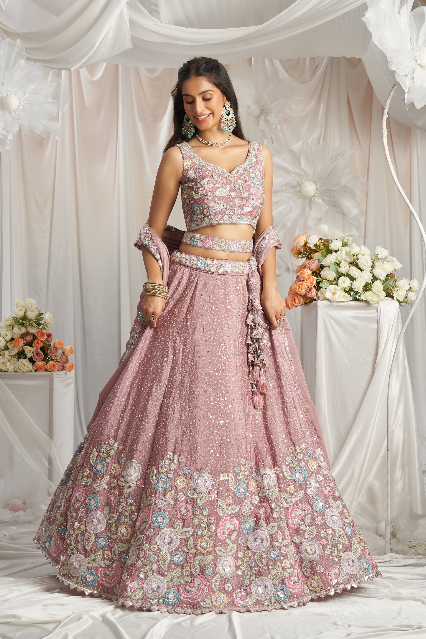 Rose gold Pure Chiffon Sequins and thread embroidery Designer Lehenga choli & Dupatta