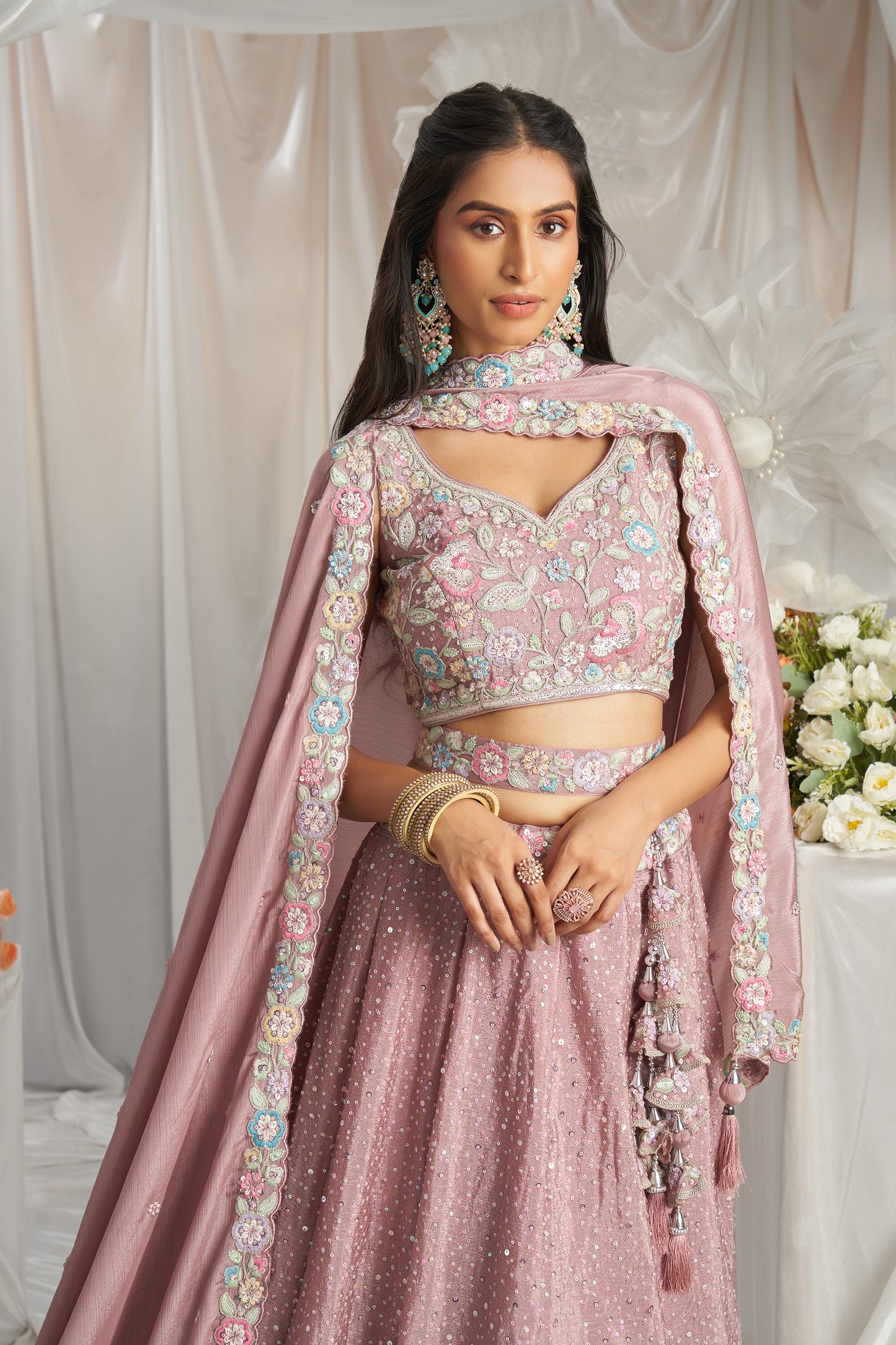 Rose gold Pure Chiffon Sequins and thread embroidery Designer Lehenga choli & Dupatta