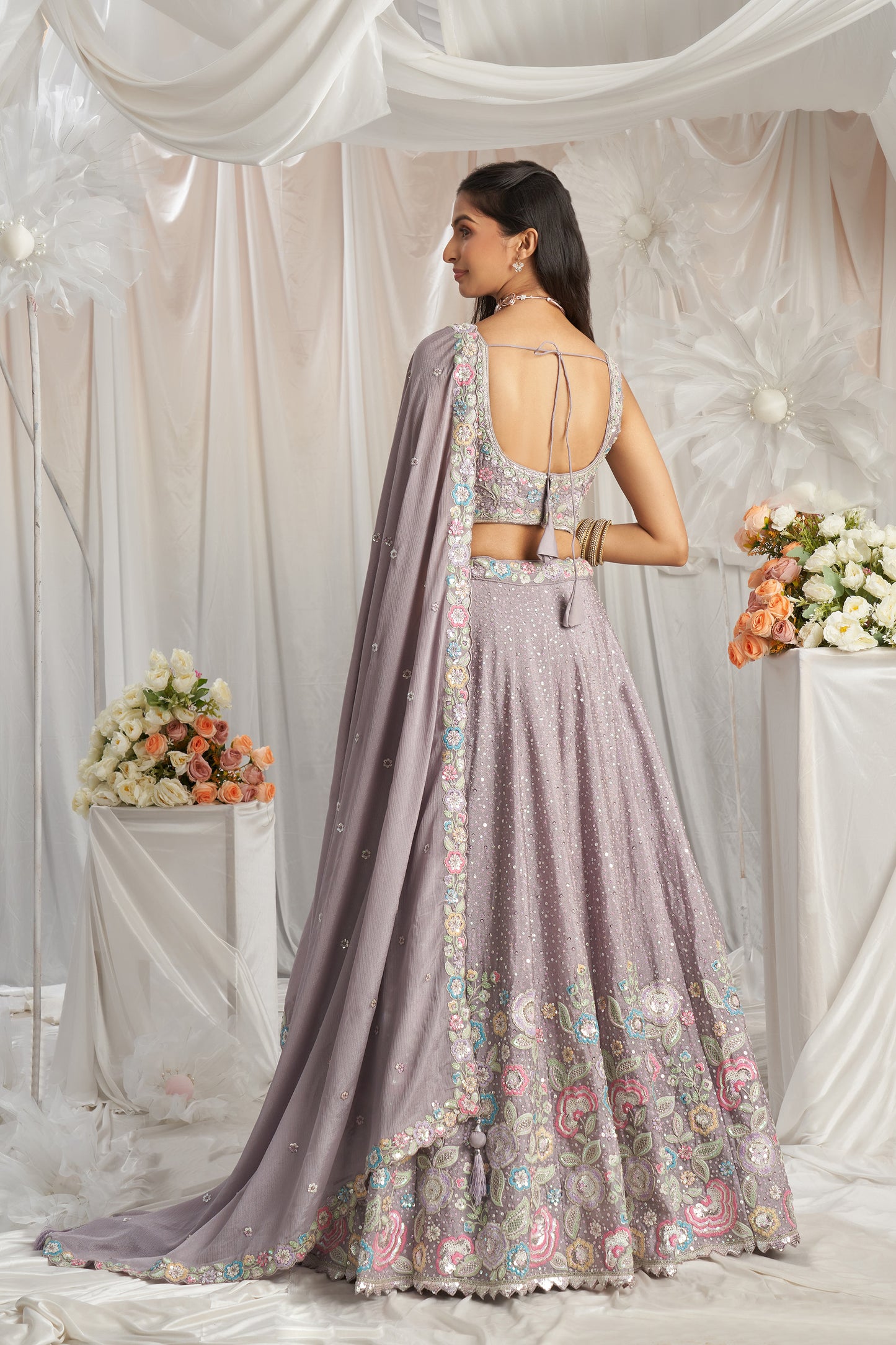 Mauve Pure Chiffon Sequins and thread embroidery Designer Lehenga choli & Dupatta