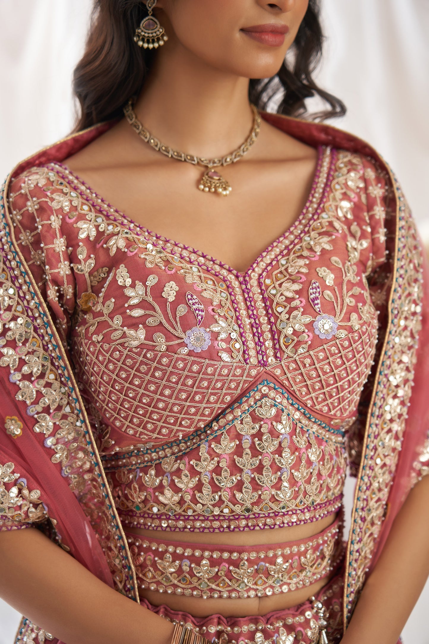 Rose gold Bridel net and Gotapatti & Moti embroidery Engagement Lehenga Choli