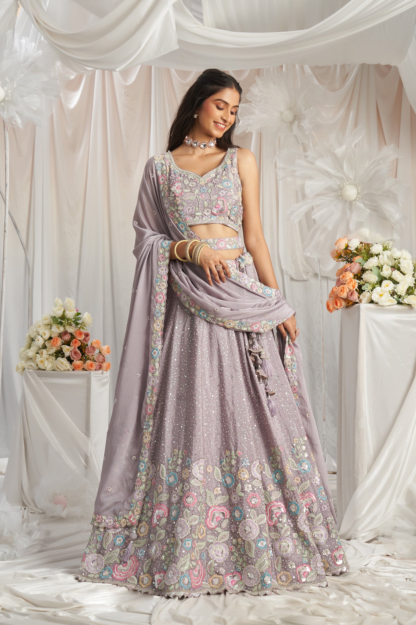 Mauve Pure Chiffon Sequins and thread embroidery Designer Lehenga choli & Dupatta