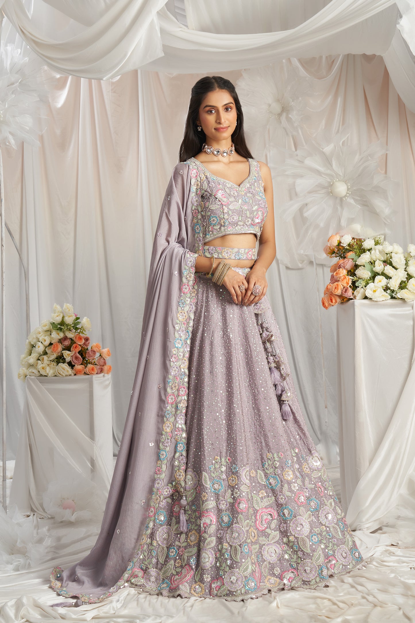 Mauve Pure Chiffon Sequins and thread embroidery Designer Lehenga choli & Dupatta