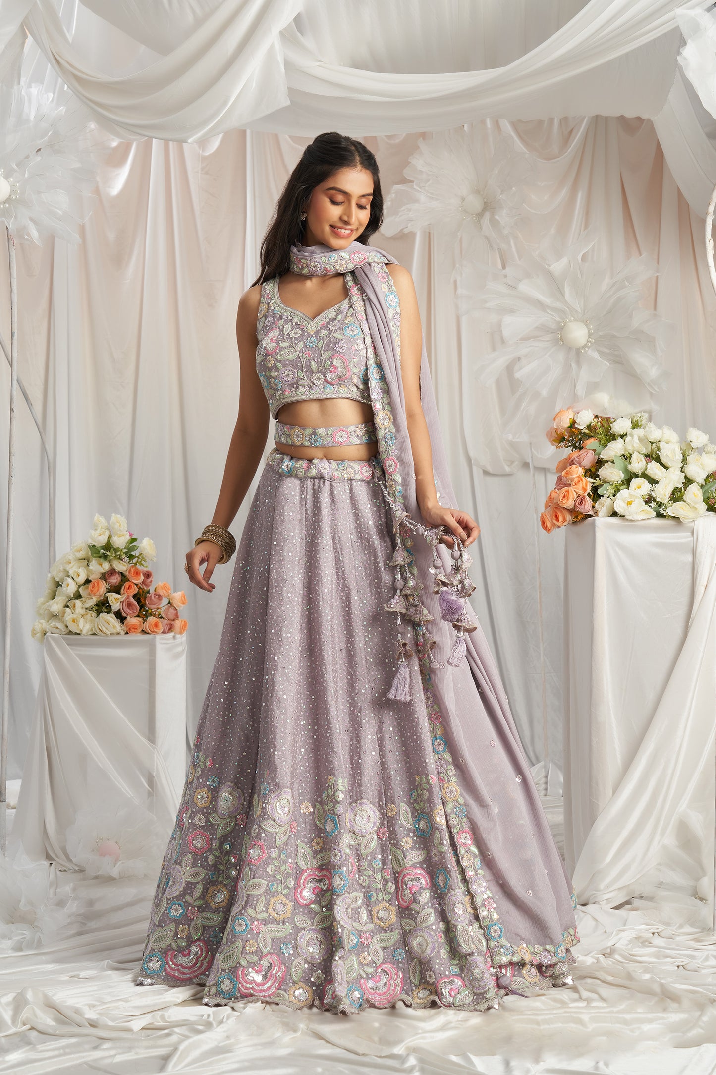 Mauve Pure Chiffon Sequins and thread embroidery Designer Lehenga choli & Dupatta