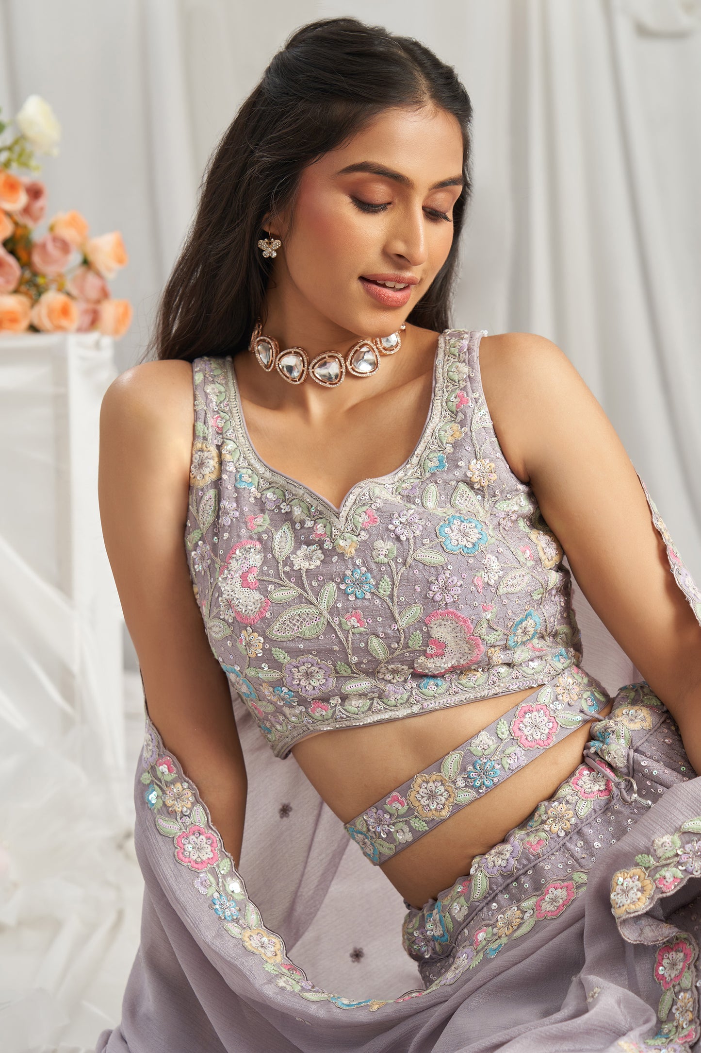 Mauve Pure Chiffon Sequins and thread embroidery Designer Lehenga choli & Dupatta