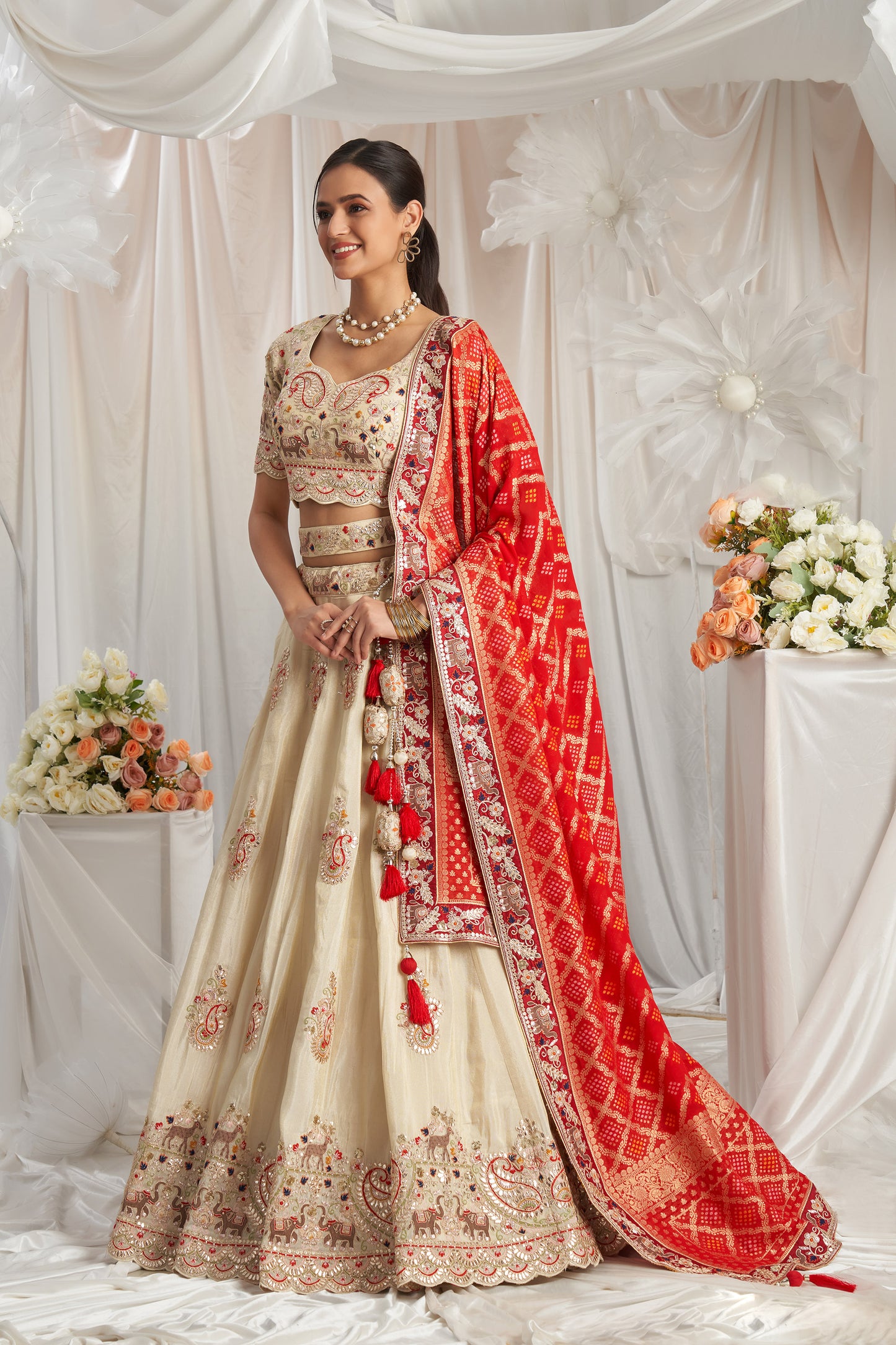 Red Tissue and Gotapatti embroidery Engagement Lehenga Choli