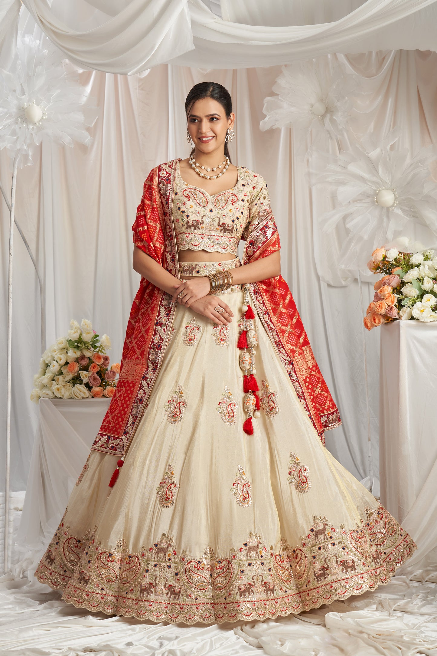 Red Tissue and Gotapatti embroidery Engagement Lehenga Choli