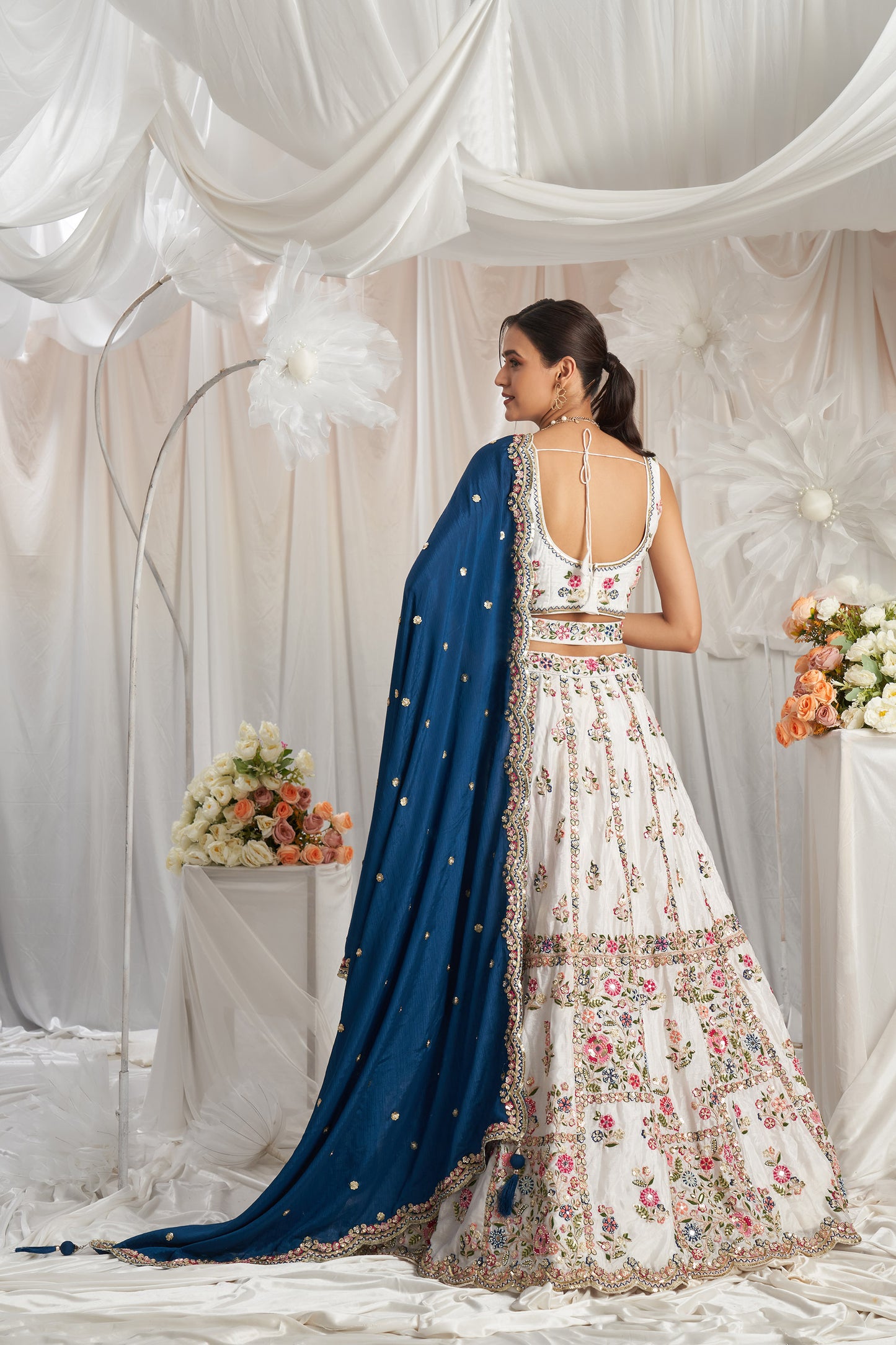 Cream with Navyblue Georgette Moti, Sequins embroidery Semi-Stitched Bridel Lehenga choli & Dupatta