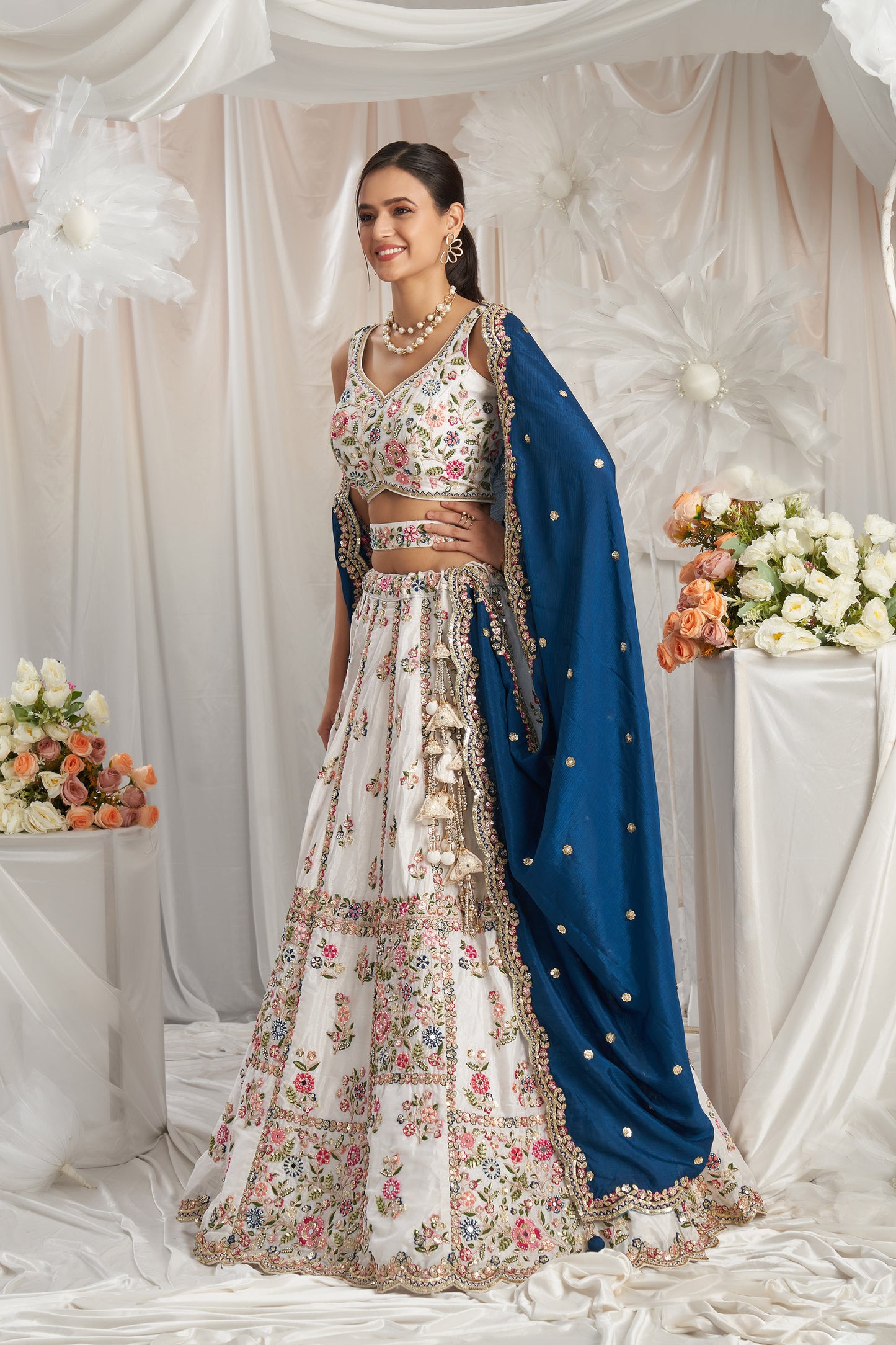 Cream with Navyblue Georgette Moti, Sequins embroidery Semi-Stitched Bridel Lehenga choli & Dupatta