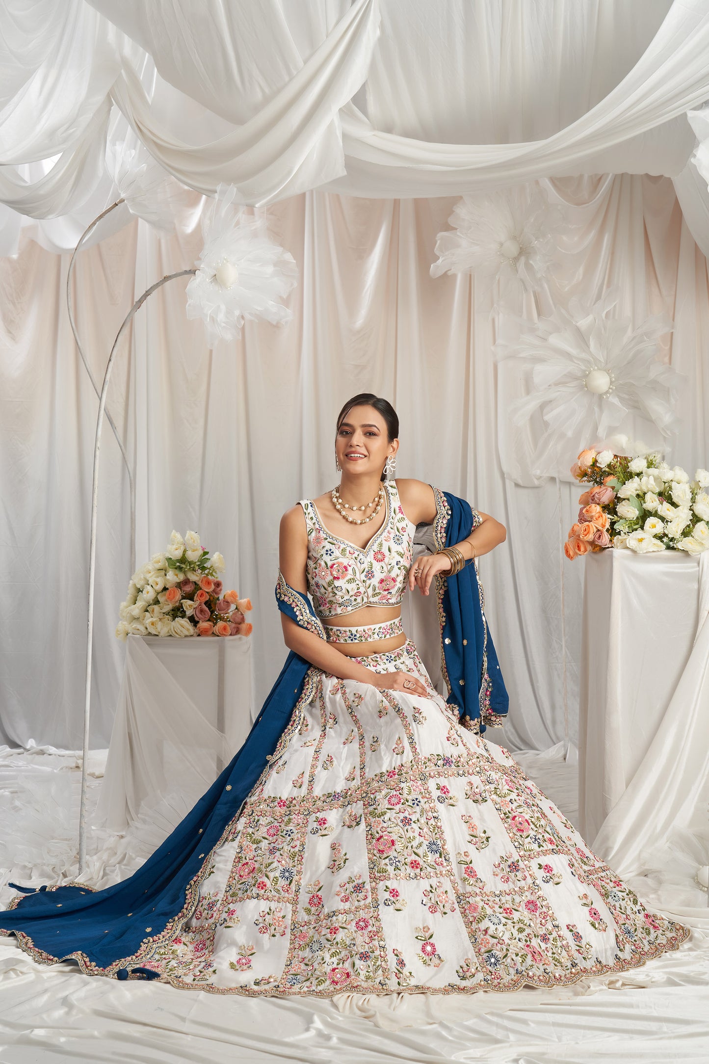 Cream with Navyblue Georgette Moti, Sequins embroidery Semi-Stitched Bridel Lehenga choli & Dupatta