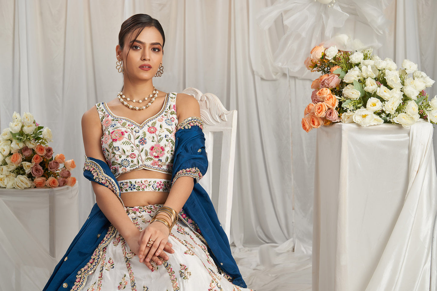 Cream with Navyblue Georgette Moti, Sequins embroidery Semi-Stitched Bridel Lehenga choli & Dupatta