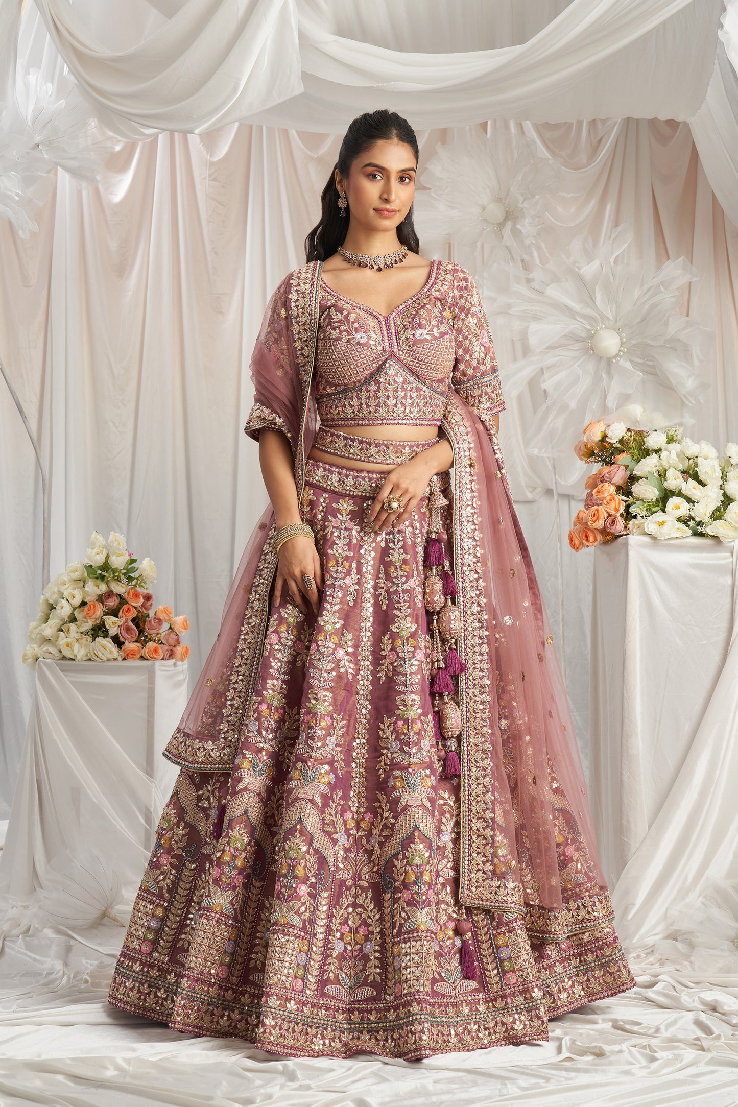 Lavender Bridel net and Gotapatti & Moti embroidery Engagement Lehenga Choli