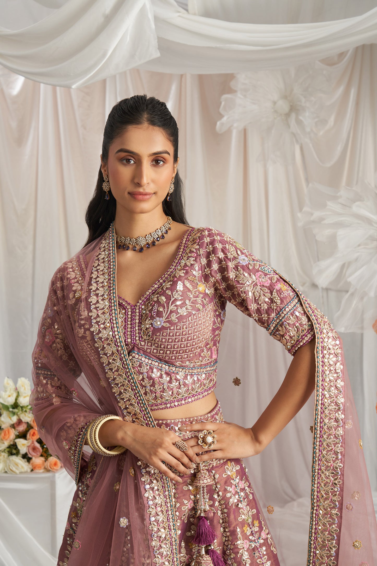 Lavender Bridel net and Gotapatti & Moti embroidery Engagement Lehenga Choli