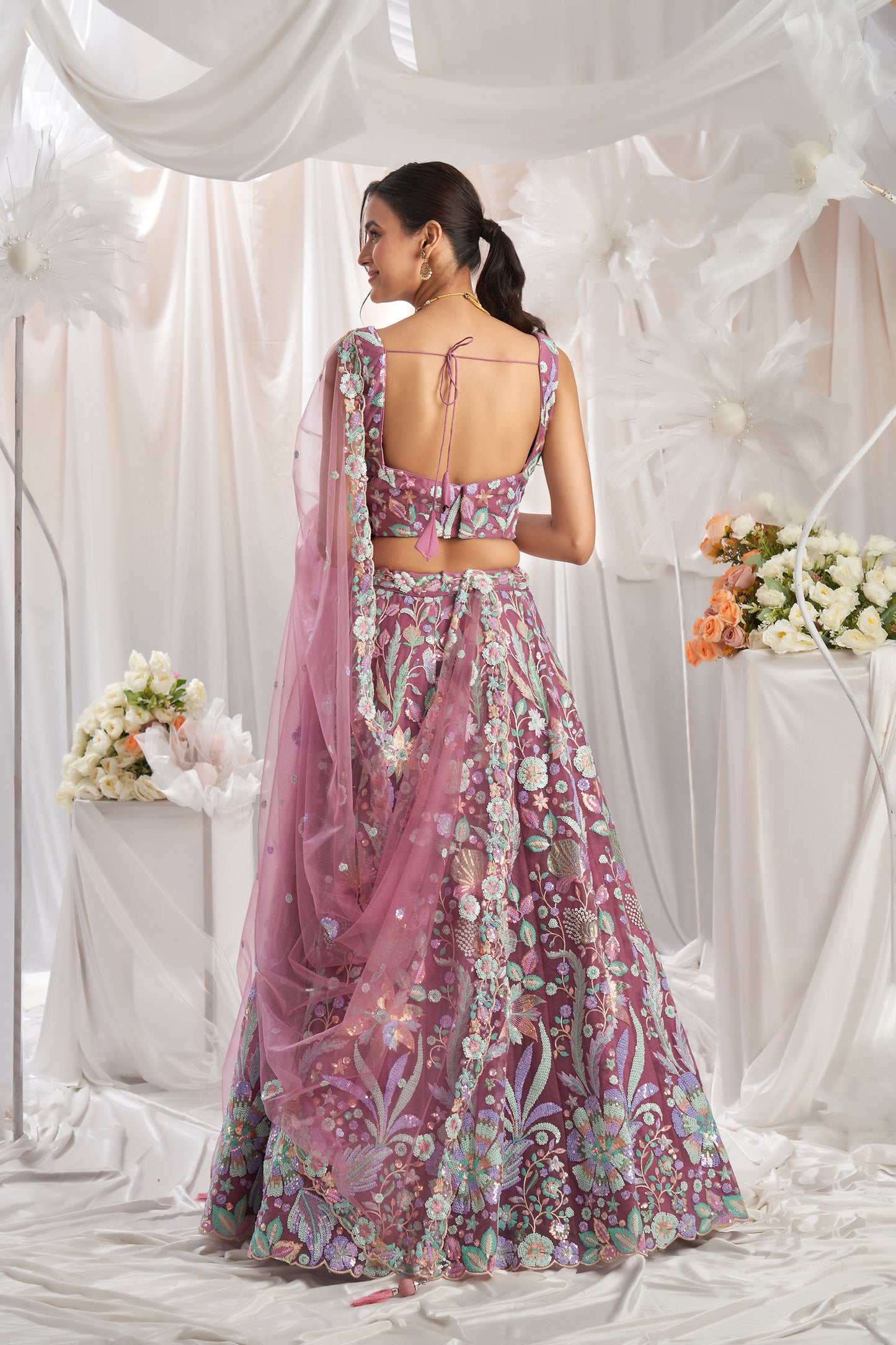 Rose gold Net Sequins embroidery Engagement Lehenga Choli