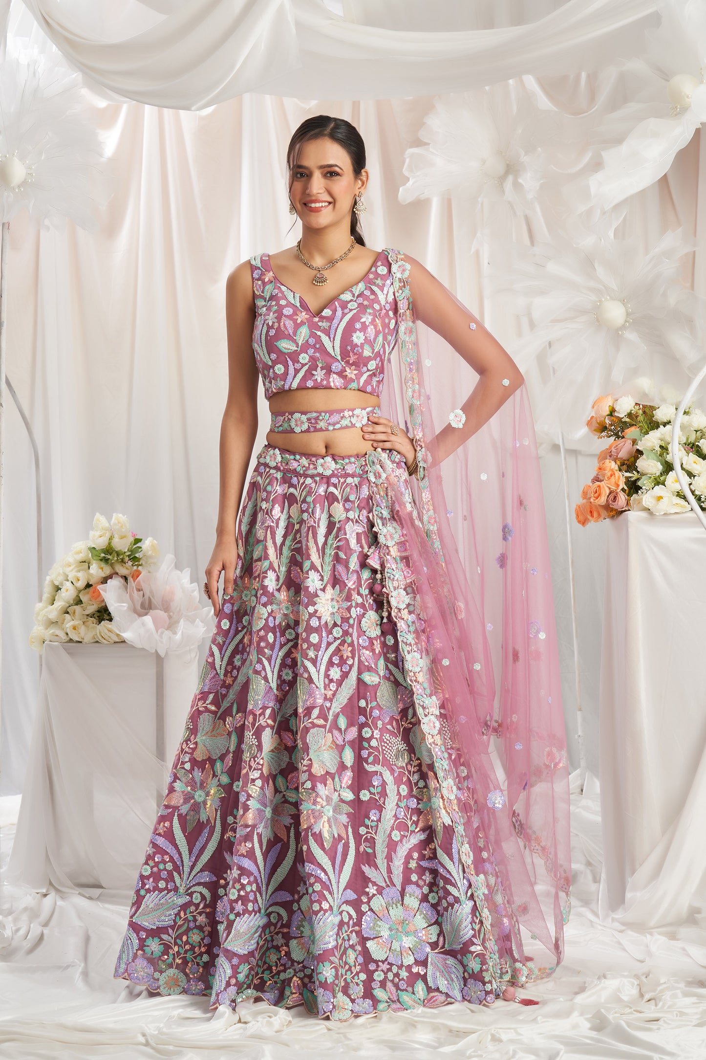 Rose gold Net Sequins embroidery Engagement Lehenga Choli