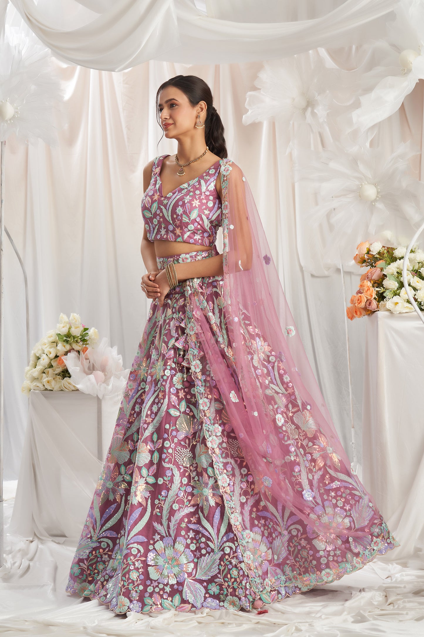 Rose gold Net Sequins embroidery Engagement Lehenga Choli