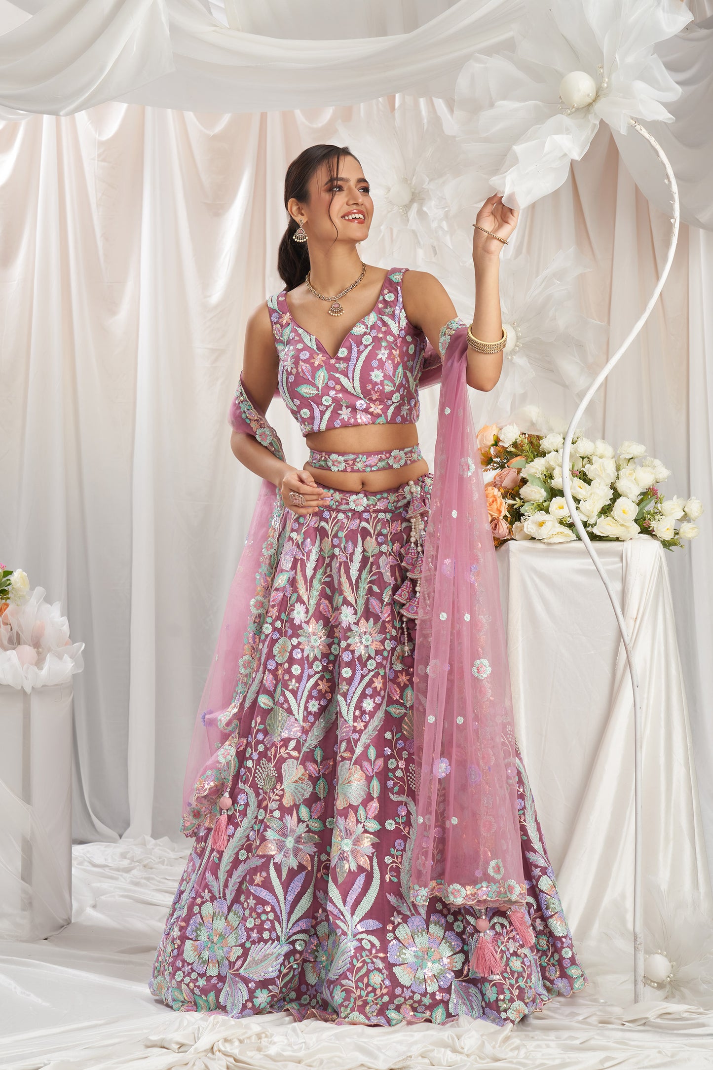 Rose gold Net Sequins embroidery Engagement Lehenga Choli