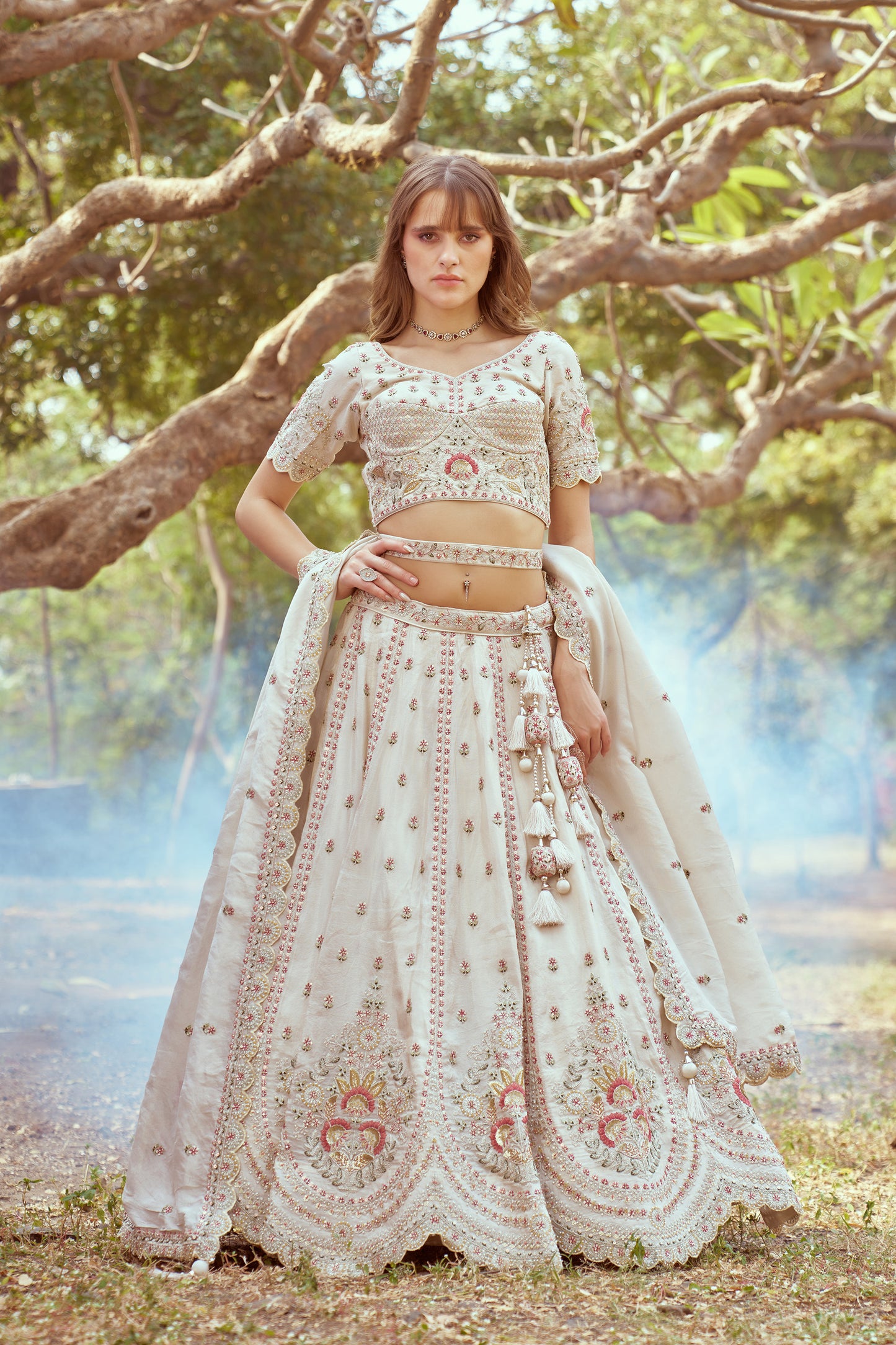 Cream Gold crushed Tissue Fabric Moti, Zari work Bridal Lehenga